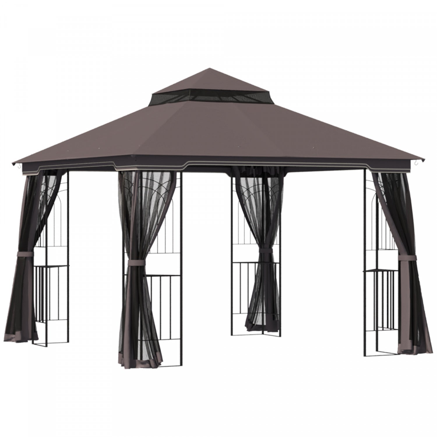 Outsunny 10' X 10' Outdoor Patio Gazebo Canopy With Double Tier Roof, Removable Mesh Curtains, Displ|Auvent De Terrasse Exterieure Outsunny 10 Pi X 10 Pi Avec Toit A Deux Niveaux, Rideaux En Maille Amo