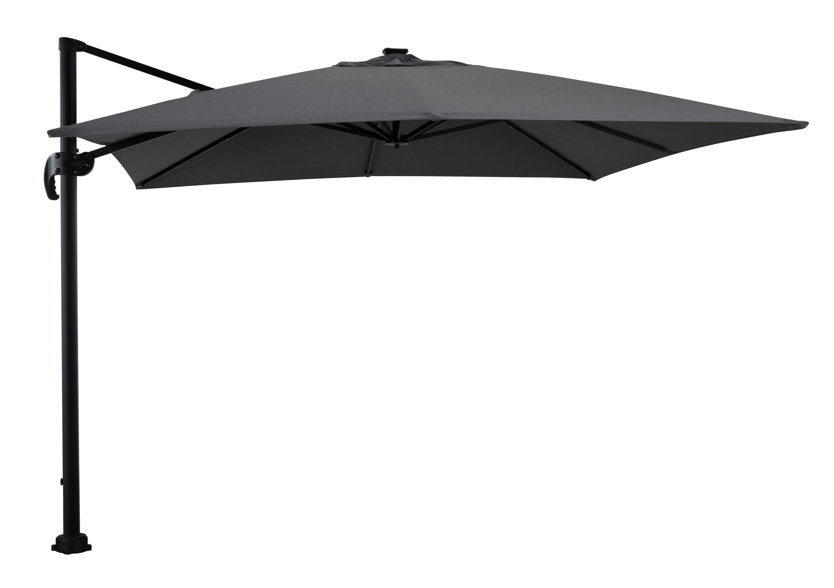 Solar Cantilevered Patio Umbrella - 137"W x 84"H, Steel, Hand Crank, Built-in LED Lights - Grey|Parasol excentré Solar pour la terrasse, 137 po (L) x 84 po (H), acier, manivelle, éclairage à DEL intégré - gris