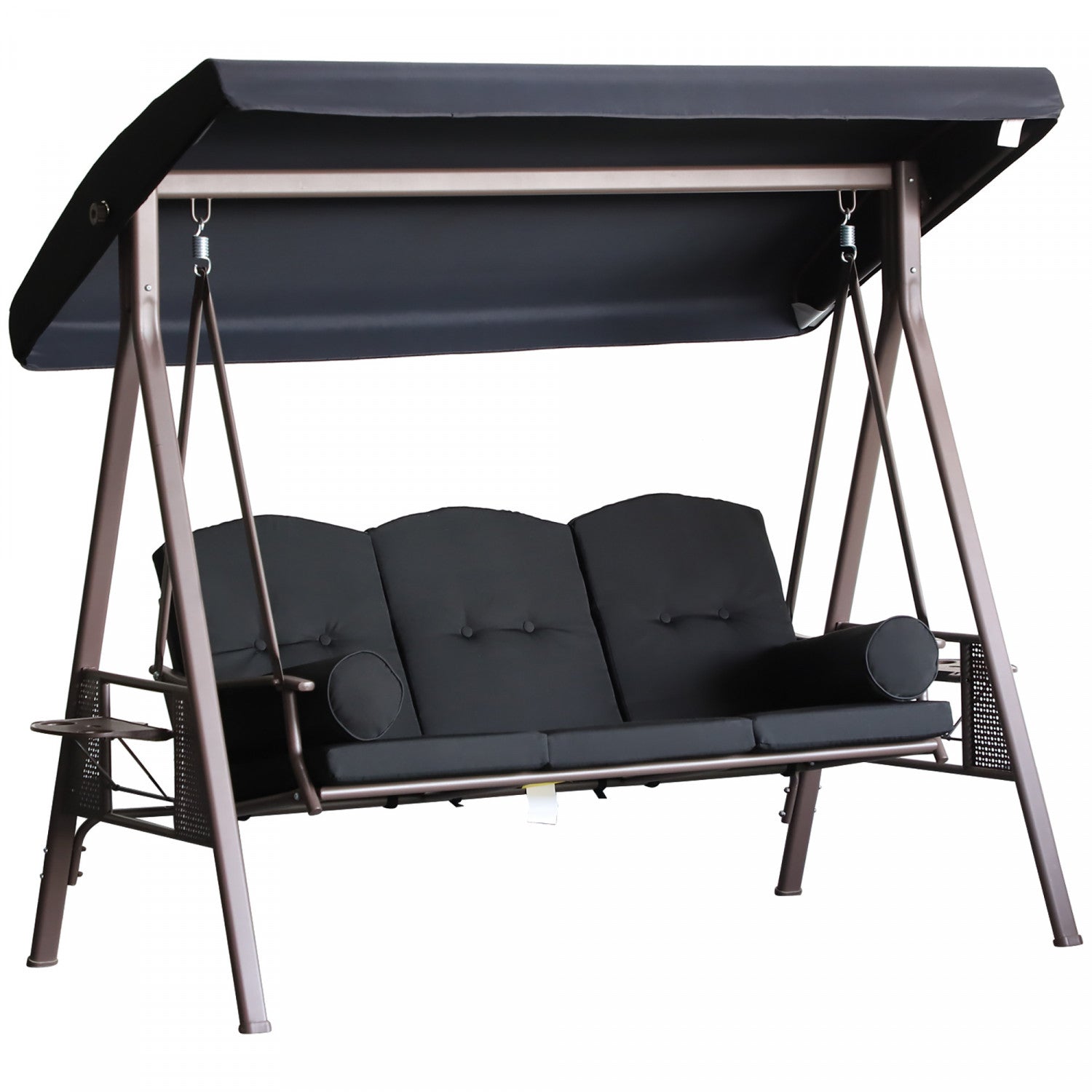 Outsunny 3 Seater Porch Swing Heavy Duty Outdoor Swing Chair Outdoor Lounge Hammock Cushioned Seat W|Outsunny Balancelle De Jardin 3 Personnes En Metal Avec Plateaux Lateraux Et Coussins Rembourres Noi