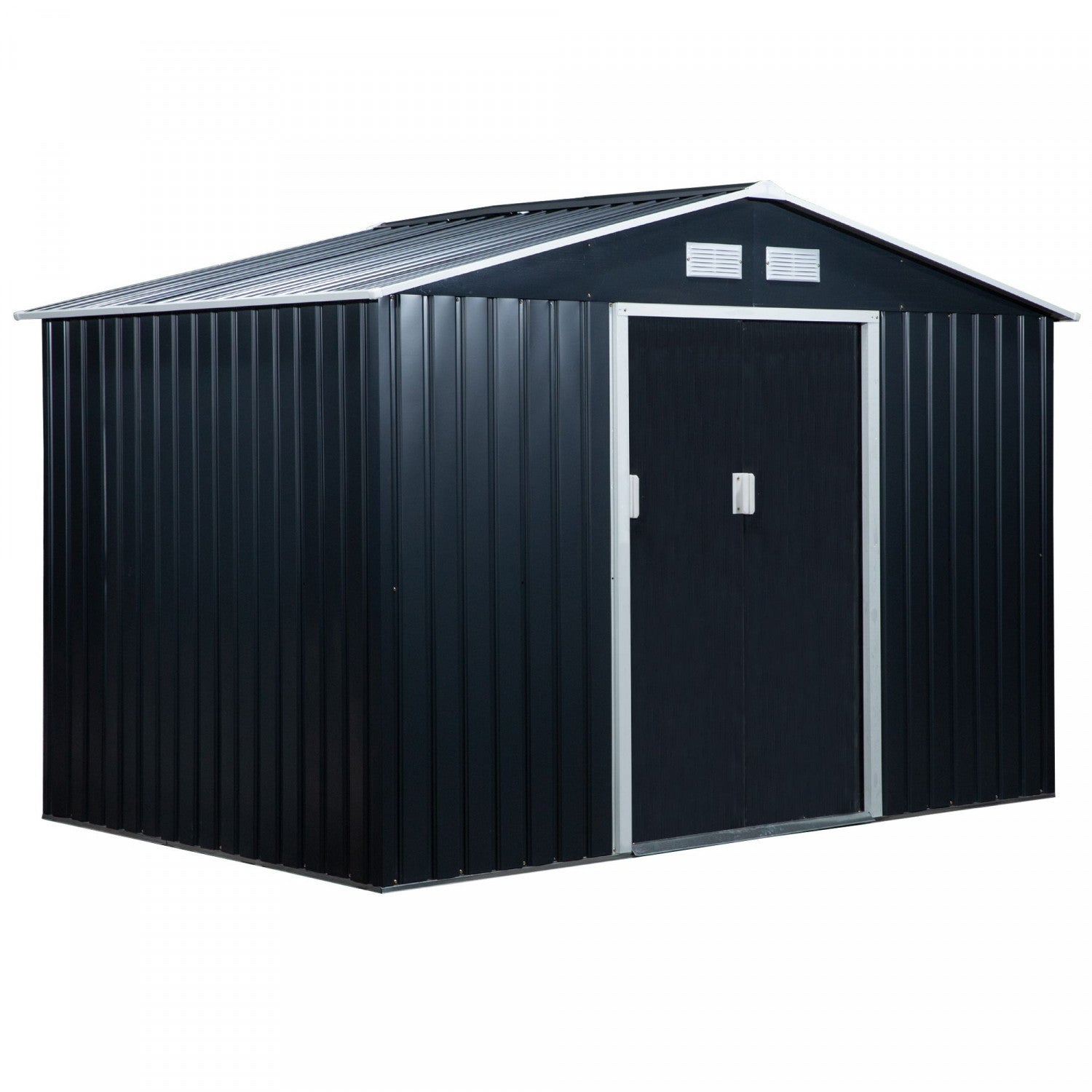 Outsunny 9' X 6' Garden Storage Shed With Floor Foundation, Metal Tool Storage House With Double Doo|Outsunny 9' X 6' Abri De Rangement En Metal Avec Double Portes Coulissantes, 4 Bouches D'aeration Po