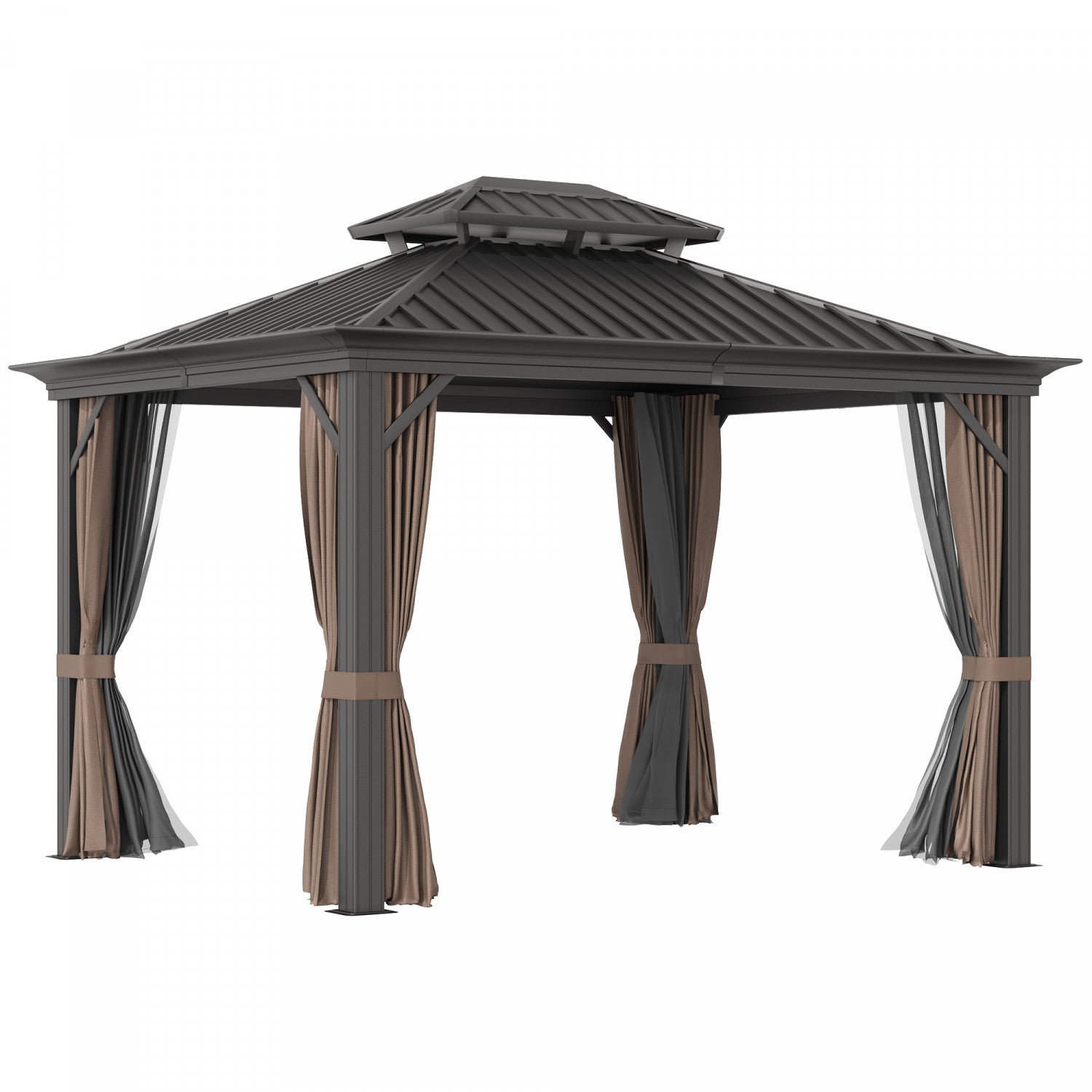 Outsunny 10' X 12' Outdoor Hardtop Gazebo With Galvanized Steel Canopy & Netting Sidewalls For Lawn,|Outsunny 12' X 10' Tonnelle D'exterieur A Toit Rigide Avec Auvent En Acier Galvanise Et Parois Later