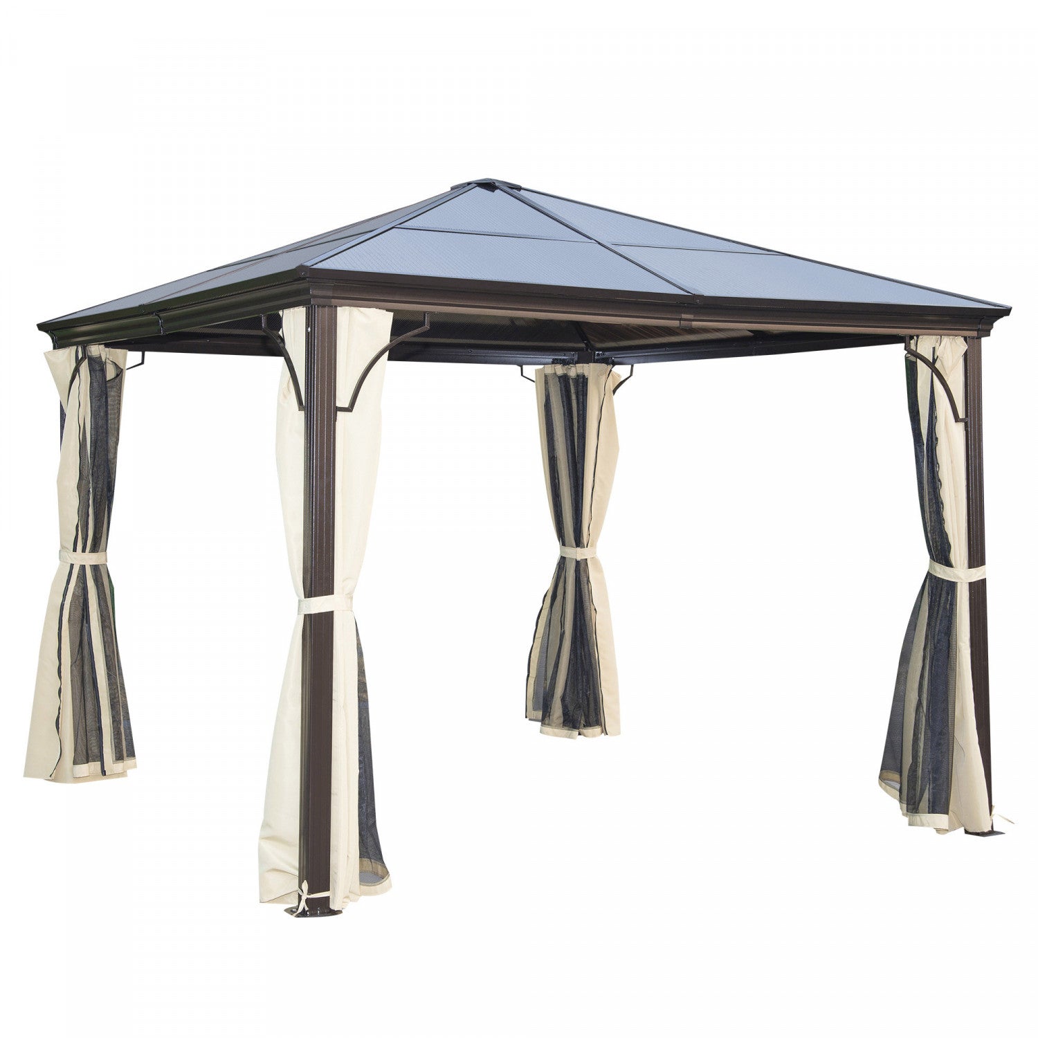 Outsunny 10' X 10' Hardtop Gazebo, Patio Gazebo Heavy Duty Sun Shade Shelter With Curtains, Aluminum|Tonnelle Pavillon De Jardin Impermeable 4 Parois Laterales Anti-uv 4 Moustiquaires Panneaux Polycarb