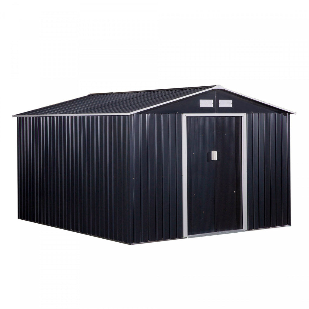 Outsunny 9' X 11' Metal Storage Shed With Floor Foundation, Garden Tool House With Double Sliding Do|Outsunny 11' X 9' Abri De Jardin Remise Pour Outils Abri A Outils Double Porte Coulissante 4 Fentes