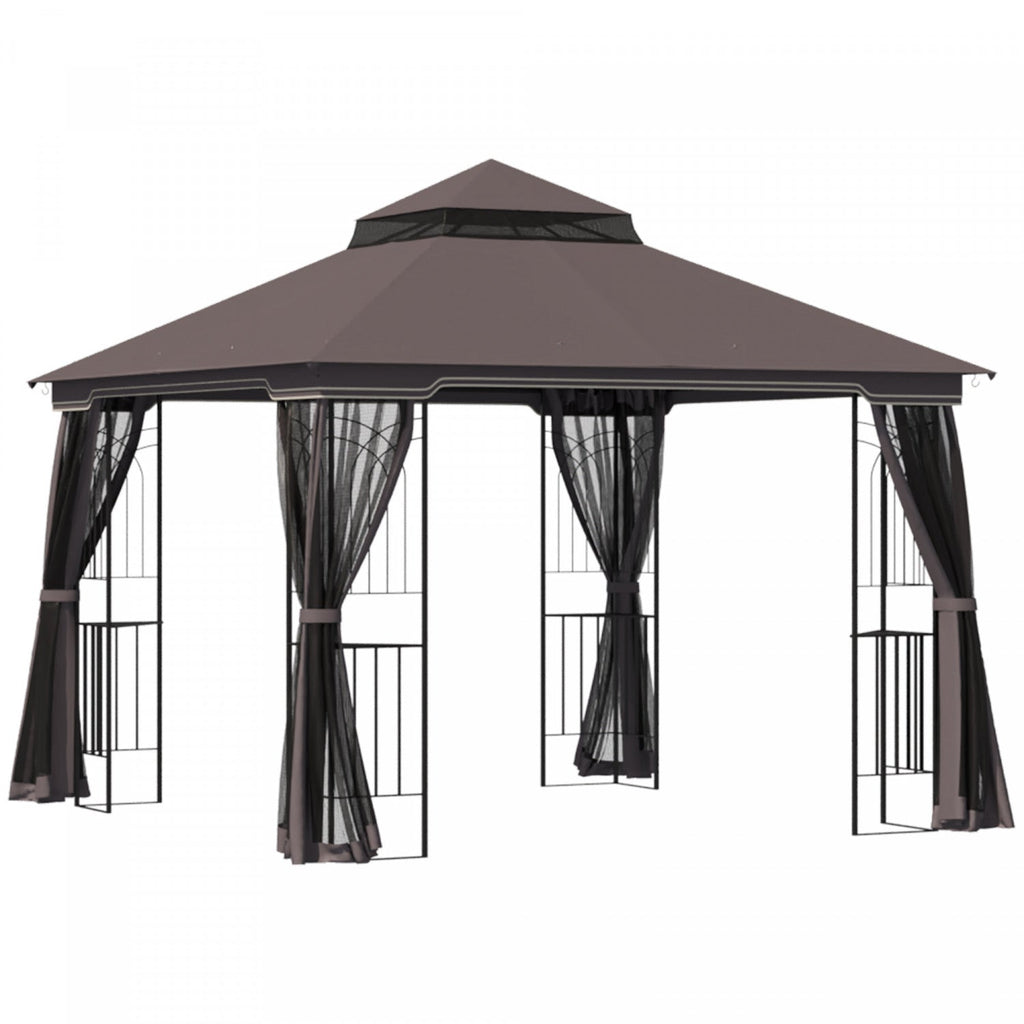 Outsunny 10' X 10' Outdoor Patio Gazebo Canopy With Double Tier Roof, Removable Mesh Curtains, Displ|Auvent De Terrasse Exterieure Outsunny 10 Pi X 10 Pi Avec Toit A Deux Niveaux, Rideaux En Maille Amo
