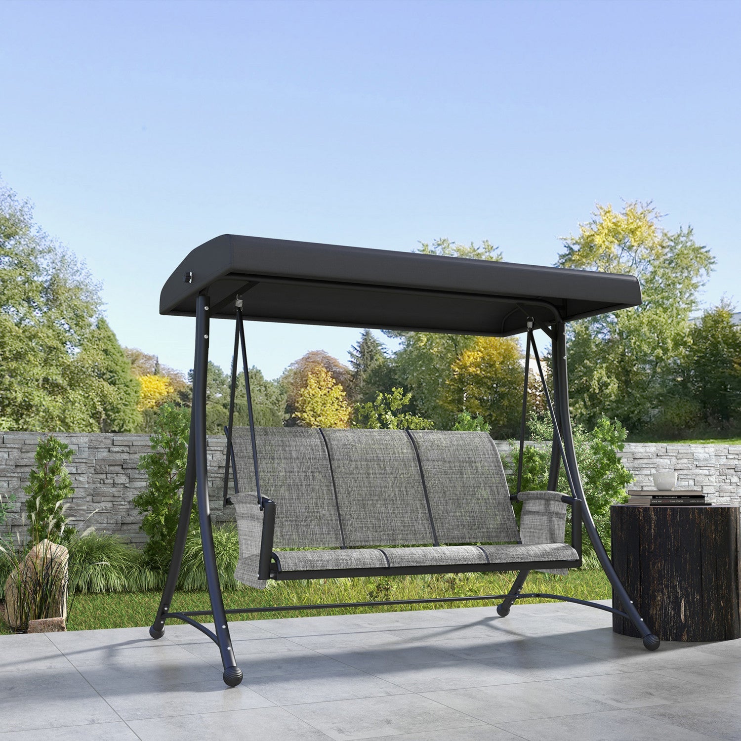 Outsunny 3 Person Outdoor Porch Swing Chair W/ Adjustable Canopy, Black|Outsunny Balancoire D'exterieur Pour 3 Personnes Avec Auvent Reglable, Noir