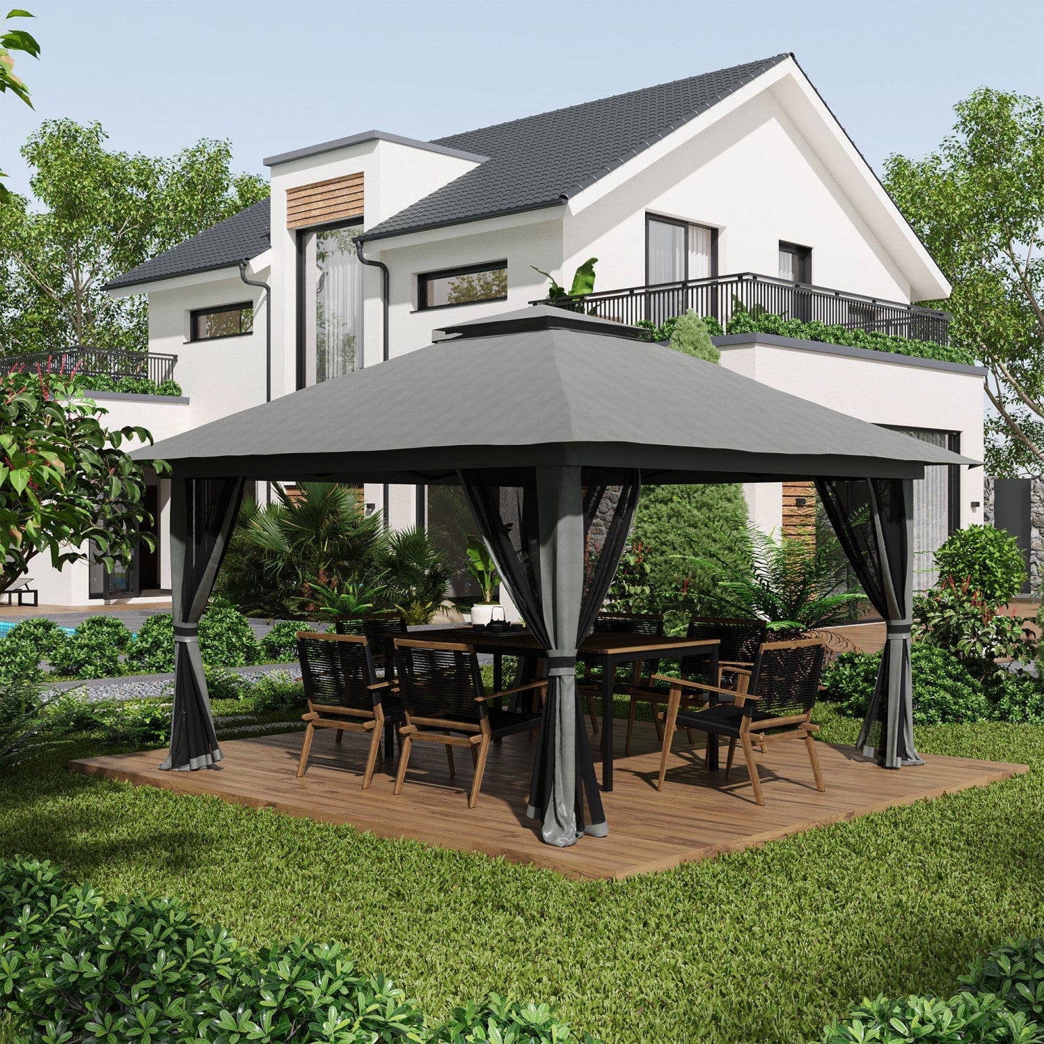 Outsunny 13' X 13' Pop Up Canopy With Mesh Sidewalls, Easy Up Canopy Tent Shelter With 2-tier Roof, |Outsunny 13' X 13' Pop Up Canopy With Mesh Sidewalls, Easy Up Canopy Tent Shelter With 2-tier Roof,