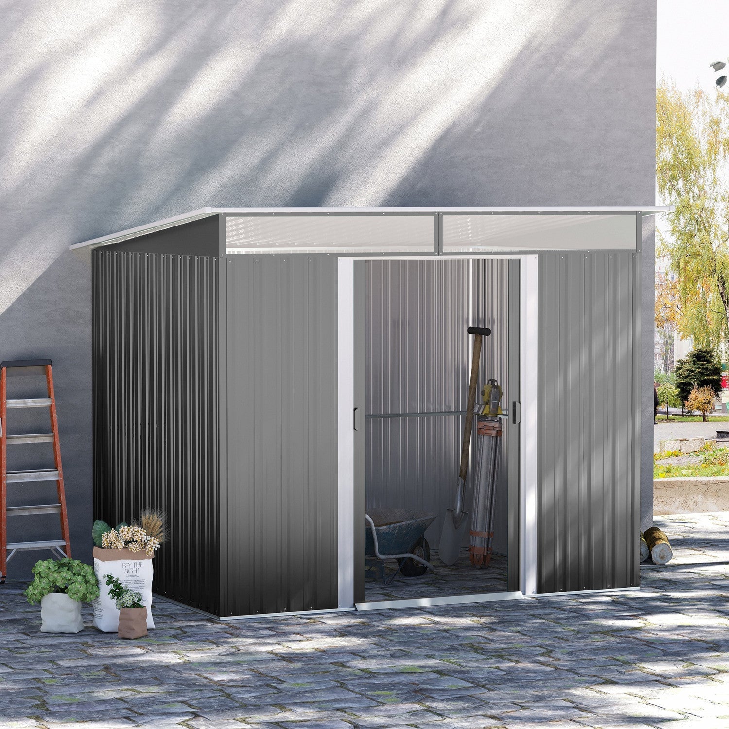 Outsunny 6' X 8.5' Garden Storage Shed, Metal Tool Storage House With Pc Boards And Double Doors For|Outsunny 6' X 8.5' Abri De Jardin Exterieur En Metal Remise Rangement Outils En Acier Gris