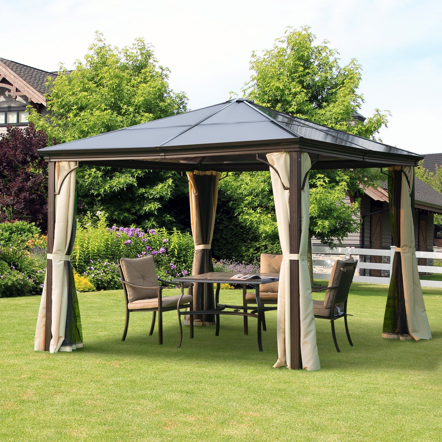 Outsunny 10' X 10' Hardtop Gazebo, Patio Gazebo Heavy Duty Sun Shade Shelter With Curtains, Aluminum|Tonnelle Pavillon De Jardin Impermeable 4 Parois Laterales Anti-uv 4 Moustiquaires Panneaux Polycarb
