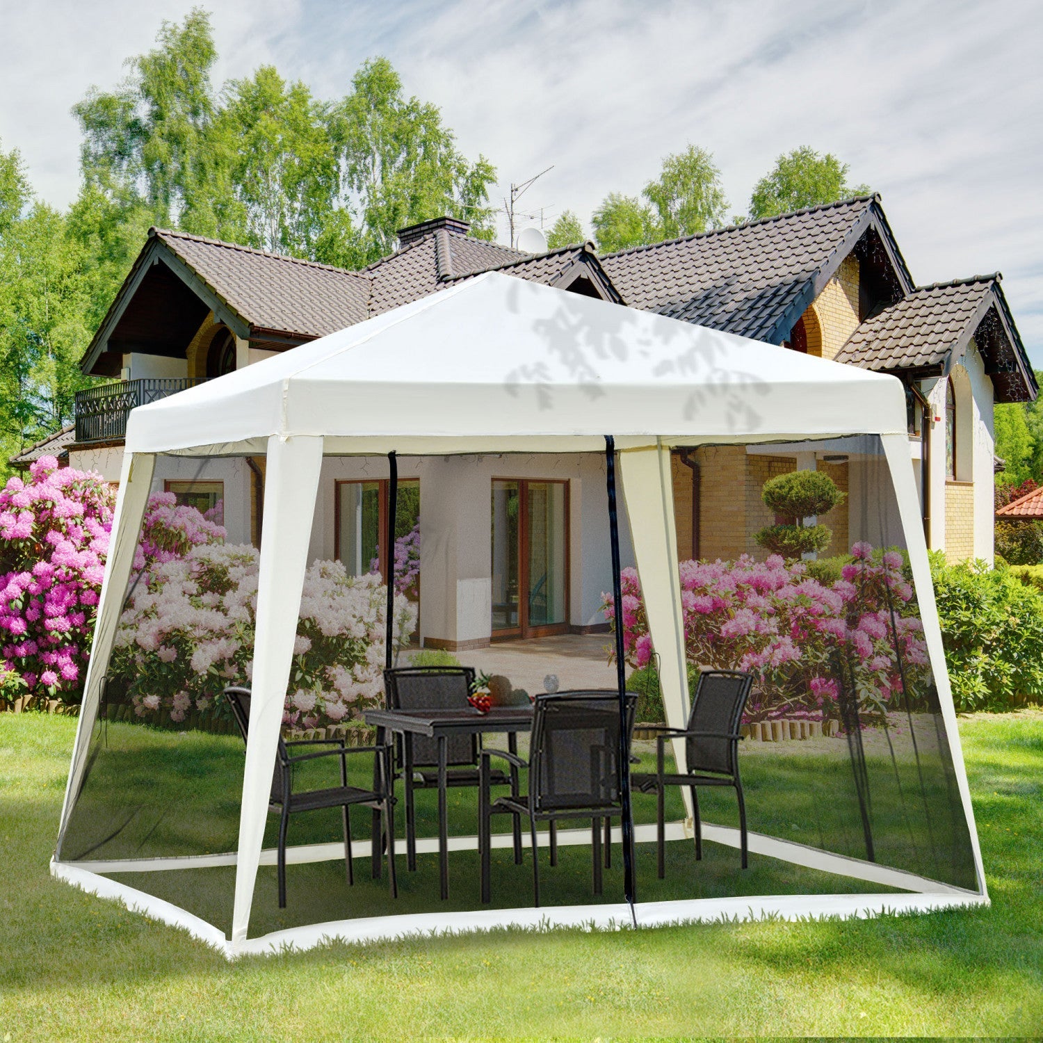 Outsunny 10x10ft Party Tent Canopy With Netting, Patio Screen House Slant Leg Outdoor Gazebo Sun Sha|Outsunny 10x10pi Gazebo Tente Avec Filet Patio Auvent Activite De Fete En Plein Air Pare-soleil Jard