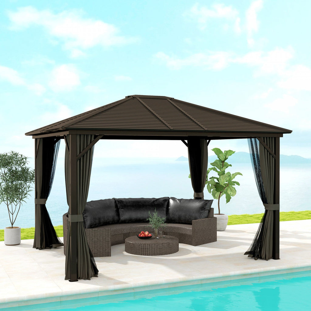 Outsunny 10' X 12' Deluxe Hardtop Gazebo With Curtains And Netting, Grey