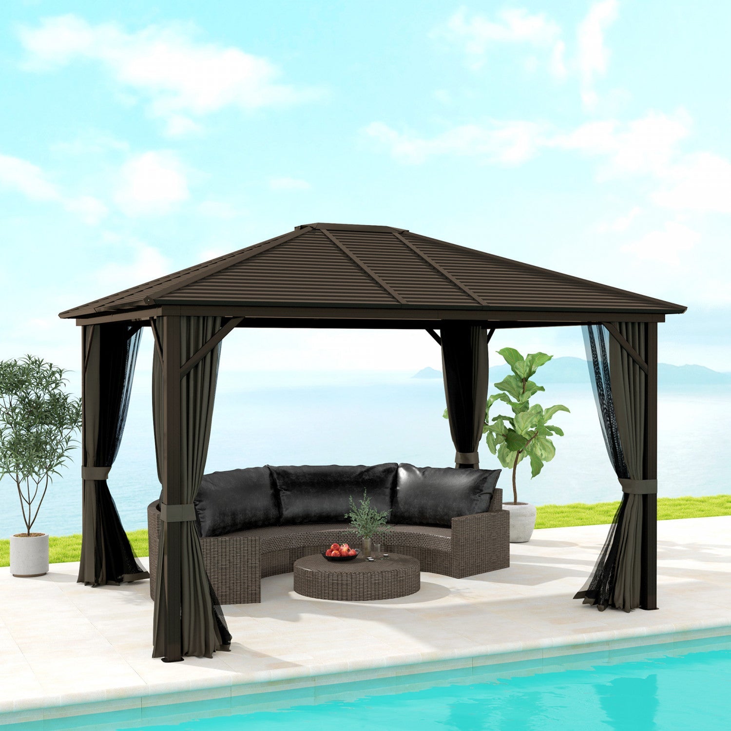 Outsunny 10' X 12' Deluxe Hardtop Gazebo With Curtains And Netting, Grey