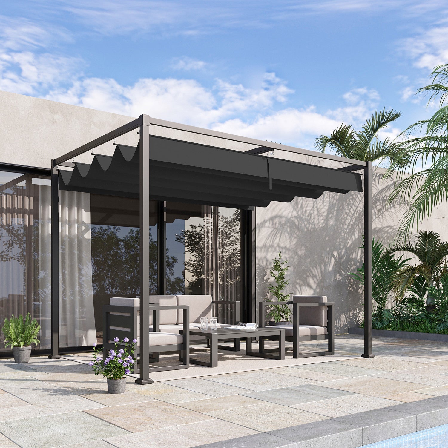 Outsunny 10' X7' Patio Pergola With Retractable Canopy, Outdoor Sun Shelter, Yard Shade, Black|Outsunny 10 X 7ft Pergola Gazebo Avec Auvent Retractable Patio Exterieur Abri Soleil Jardin Tissu Re