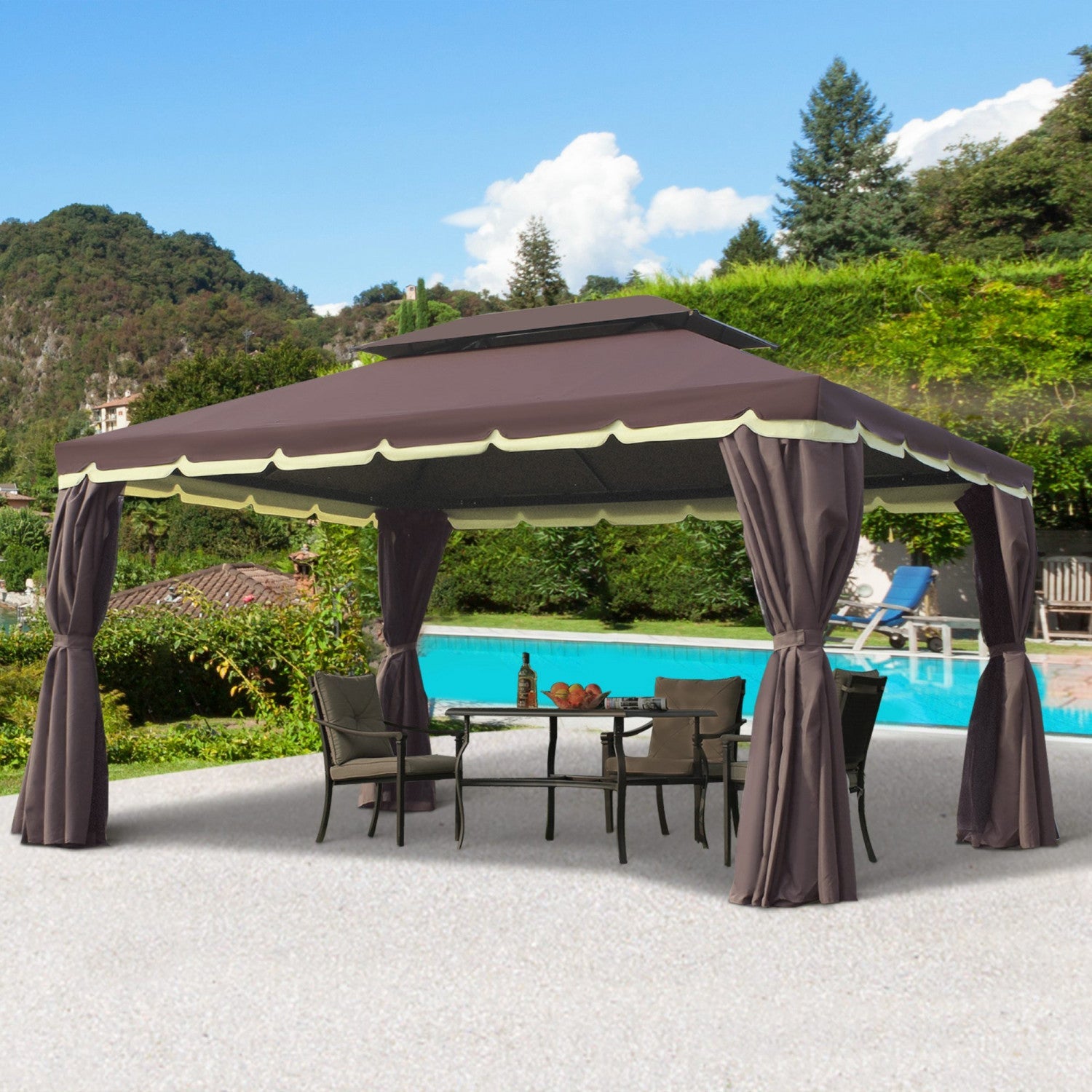 Outsunny 10' x 13' Patio gazebo, aluminum Frame Double Roof Outdoor Gazebo Canopy Shelter With Netti|Outsunny 10 X 13pi Cadre En Aluminium Gazebo Canopee Abri De Jardin A Deux Niveaux Avec Filet Et Rid