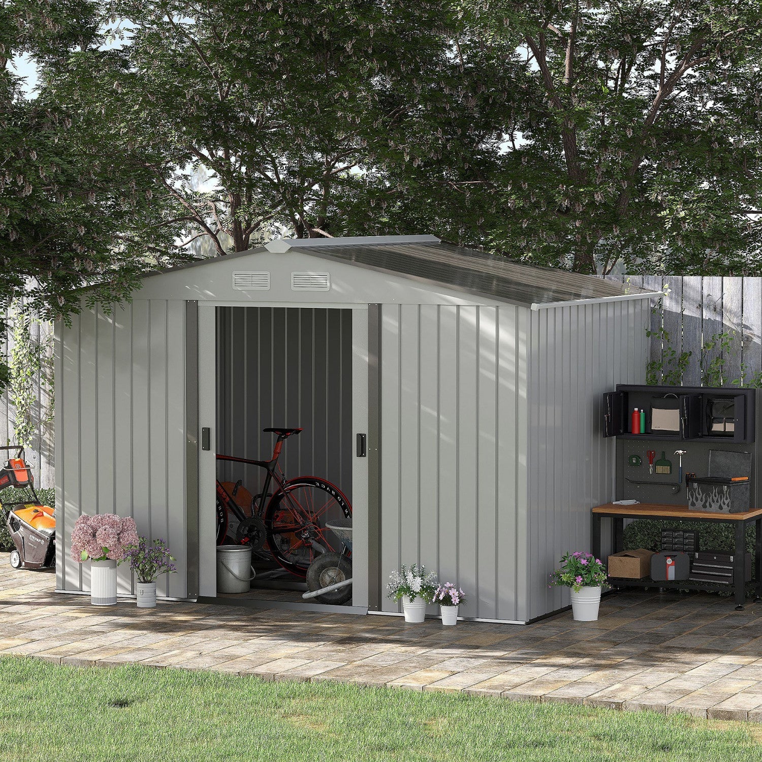 Outsunny 9' X 6' Garden Storage Shed With Floor Foundation, Metal Tool Storage House With Double Doo|Outsunny Abri De Rangement En Metal 9' X 6', Maison A Outils De Jardin