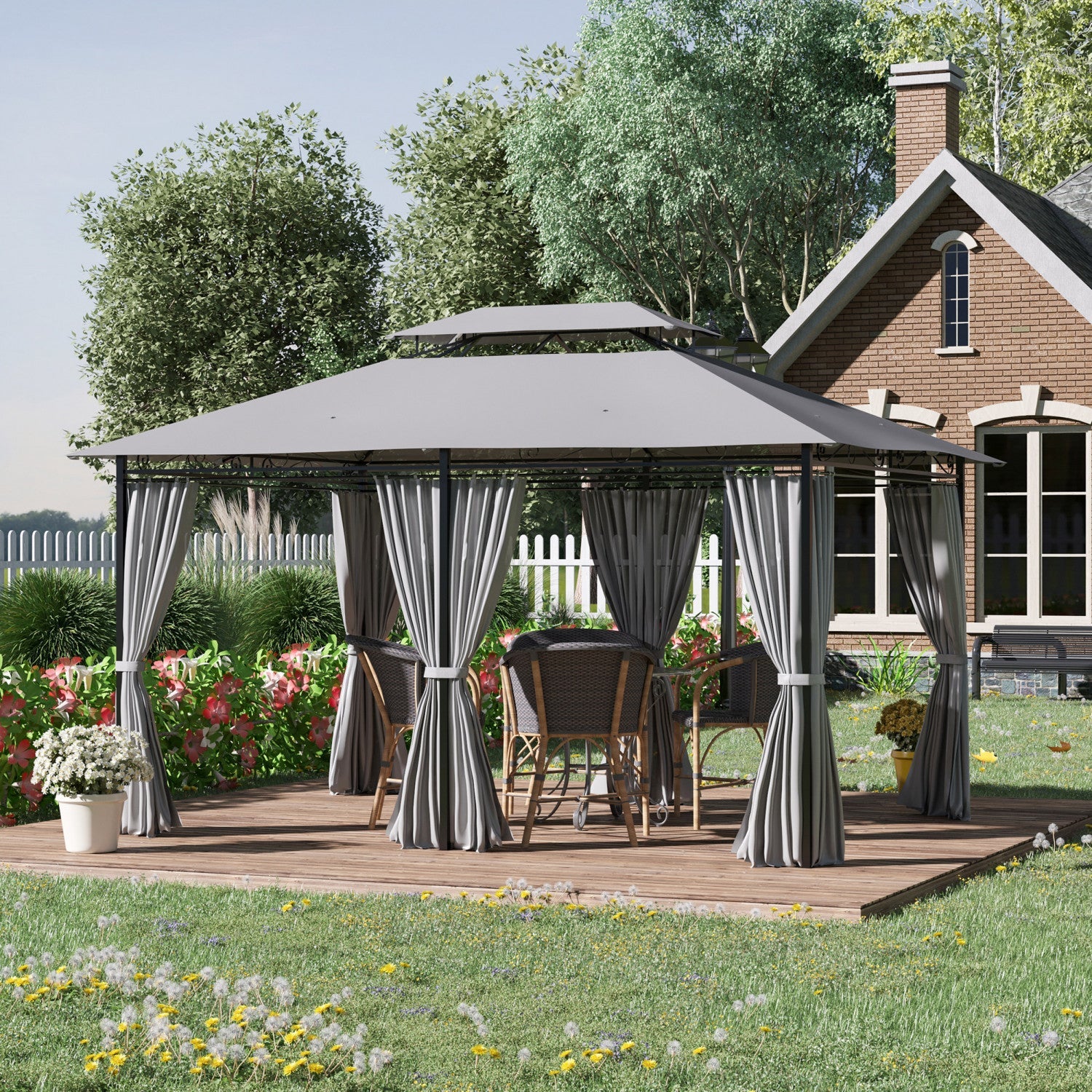 Outsunny 10' X 13' Patio Gazebo, Outdoor 2-tiers Garden Canopy Yard Sunshade Shelter With Curtains, |Outsunny Tonnelle De Patio De 10' X 13', Auvent De Jardin Exterieur A 2 Niveaux, Abri Pare-soleil Av