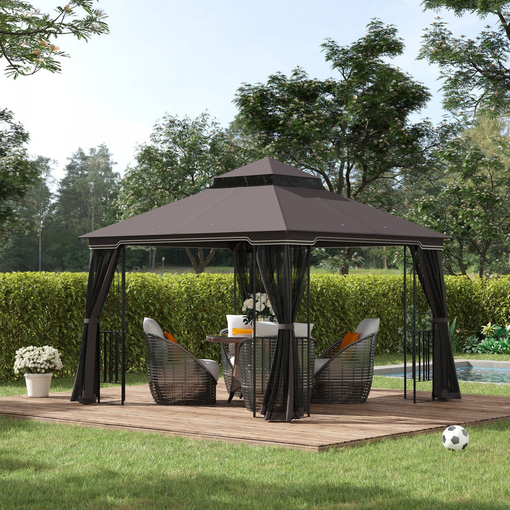 Outsunny 10' X 10' Outdoor Patio Gazebo Canopy With Double Tier Roof, Removable Mesh Curtains, Displ|Auvent De Terrasse Exterieure Outsunny 10 Pi X 10 Pi Avec Toit A Deux Niveaux, Rideaux En Maille Amo