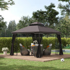 Outsunny 10' X 10' Outdoor Patio Gazebo Canopy With Double Tier Roof, Removable Mesh Curtains, Displ|Auvent De Terrasse Exterieure Outsunny 10 Pi X 10 Pi Avec Toit A Deux Niveaux, Rideaux En Maille Amo