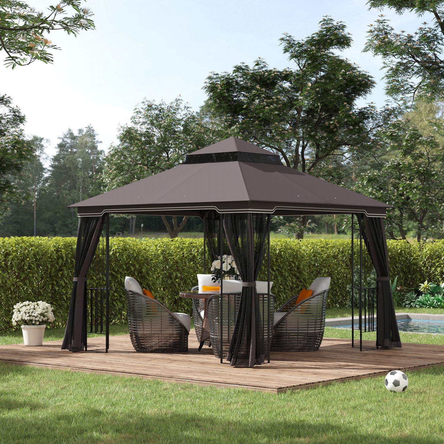 Outsunny 10' X 10' Outdoor Patio Gazebo Canopy With Double Tier Roof, Removable Mesh Curtains, Displ|Auvent De Terrasse Exterieure Outsunny 10 Pi X 10 Pi Avec Toit A Deux Niveaux, Rideaux En Maille Amo