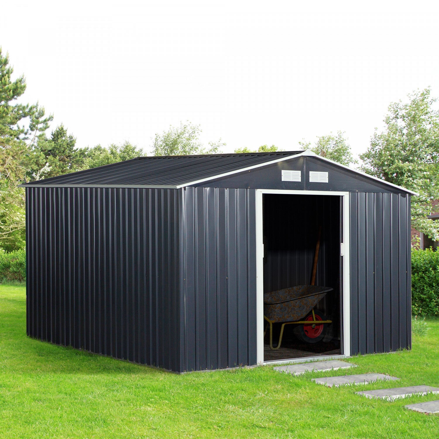Outsunny 9' X 11' Metal Storage Shed With Floor Foundation, Garden Tool House With Double Sliding Do|Outsunny 11' X 9' Abri De Jardin Remise Pour Outils Abri A Outils Double Porte Coulissante 4 Fentes