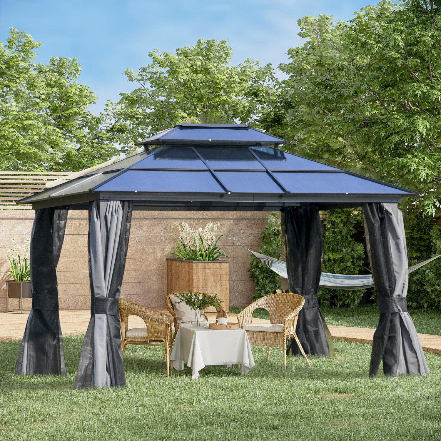 Outsunny 10' X 12' Hardtop Gazebo Canopy With Polycarbonate Double Roof, Aluminum Frame, Permanent P|Outsunny 12' X 10' Gazebo A Toit Rigide En Polycarbonate Canopee D'exterieur Toit A Double Niveau Ca