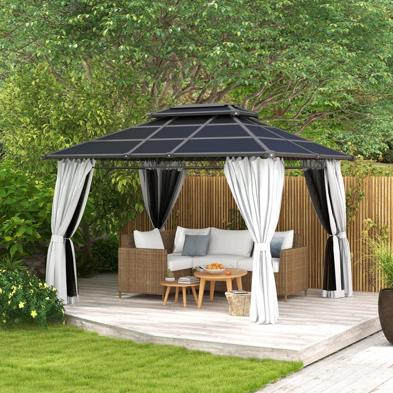 Outsunny 10' X 12' Outdoor Gazebo Canopy, Double roof Hardtop Gazebo With polycarbonate Roof, Steel |Outsunny 10' X 12' Gazebo Exterieur, Gazebo A Double Toit Rigide Avec Toit En Polycarbonate, Cadre E