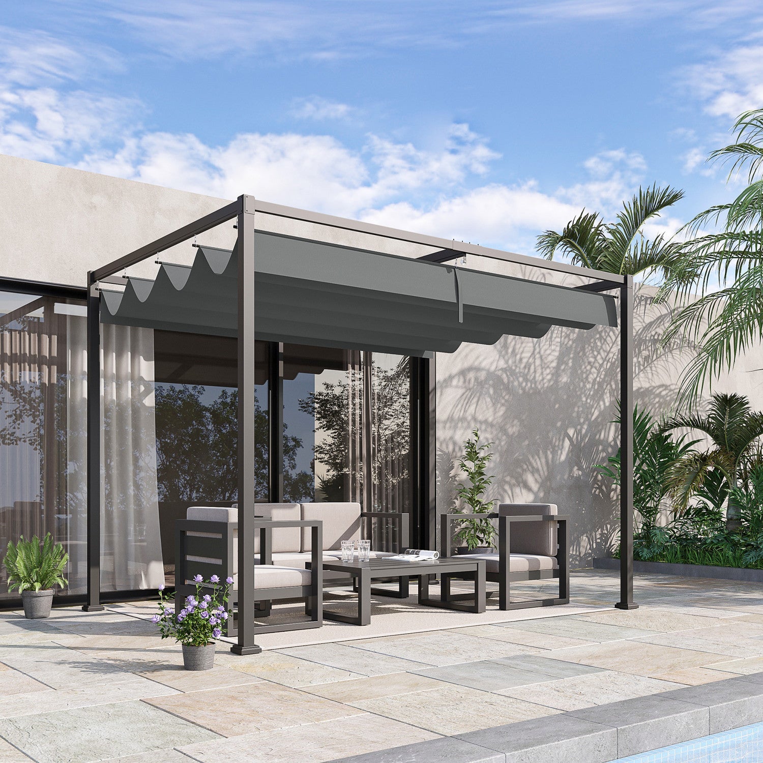 Outsunny 10' X7' Patio Pergola With Retractable Canopy, Outdoor Sun Shelter, Yard Shade, Grey|Outsunny 10x7 Pi Cadre En Metal Pergola Gazebo Avec Auvent Retractable Patio Exterieur Abri Soleil J