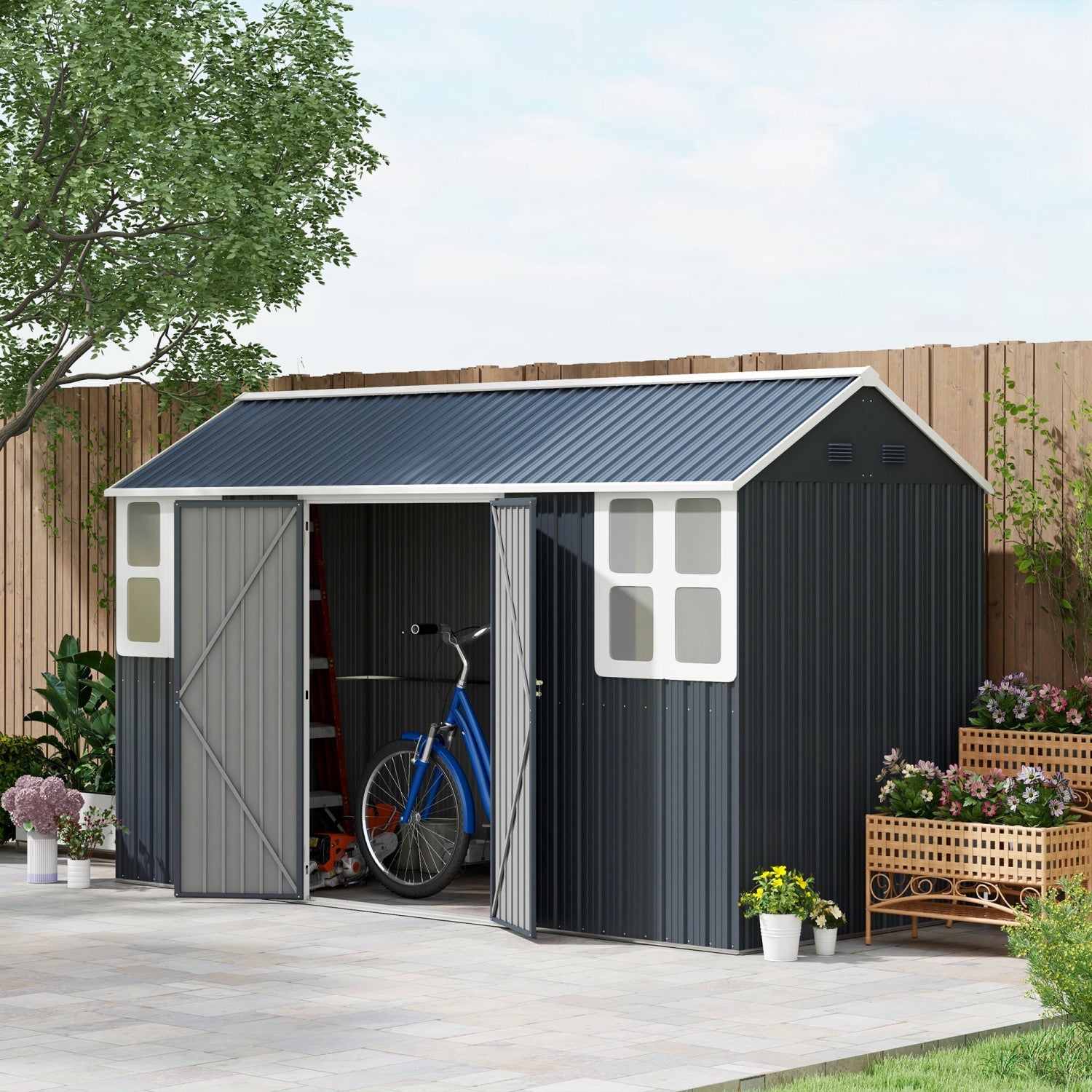 Outsunny 12' X 5.5' Metal Garden Storage Shed With Lockable Door Dark Grey|Outsunny Abri De Jardin En Metal 12' X 5,5' Avec Porte Verrouillable, Gris