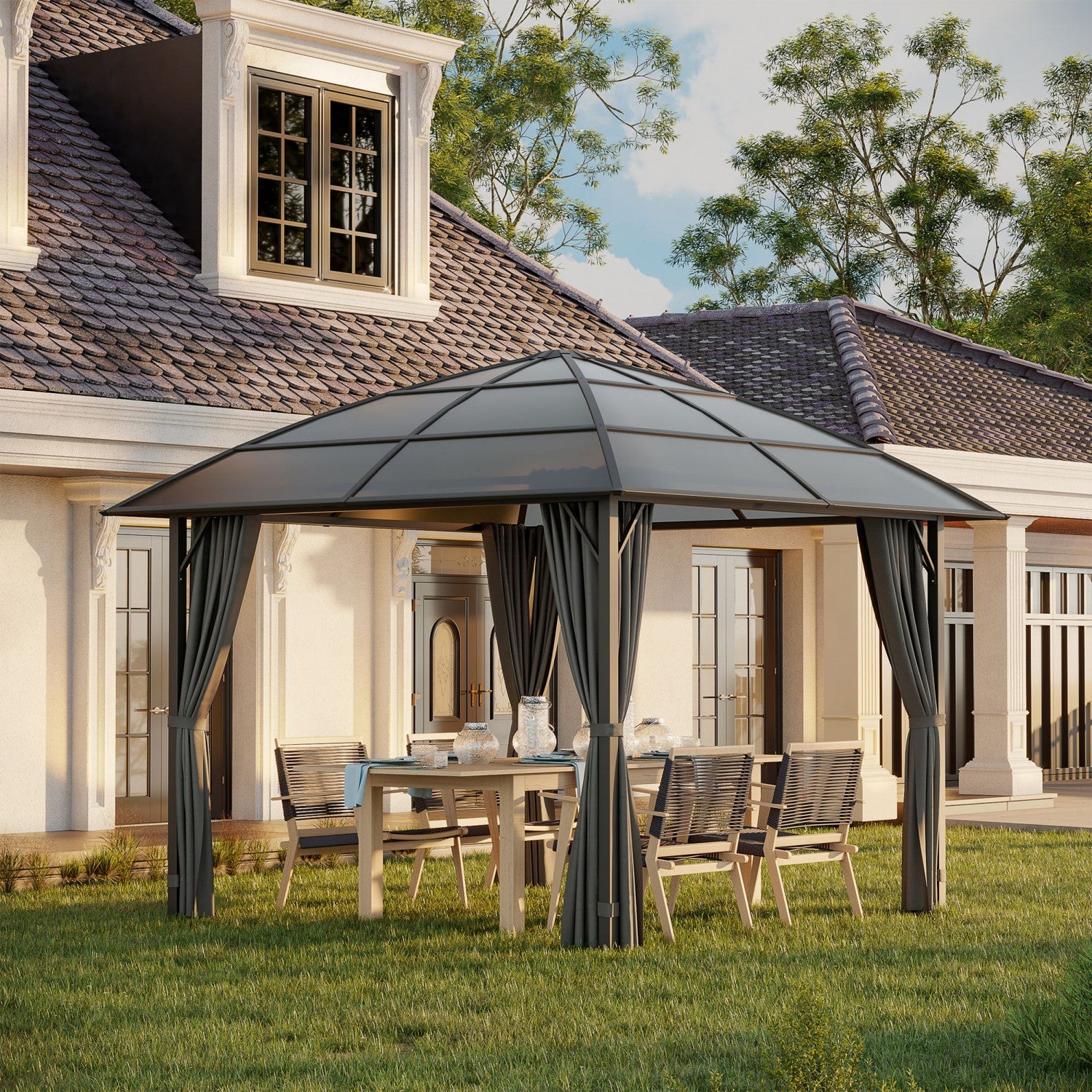Outsunny 10' X 10' Outdoor Gazebo Canopy, Hardtop Gazebo With uv60+ Polycarbonate Roof, Solid Steel |Outsunny Auvent De Tonnelle D'exterieur 10' X 10', Tonnelle A Toit Rigide En Polycarbonate Uv60+, Ca