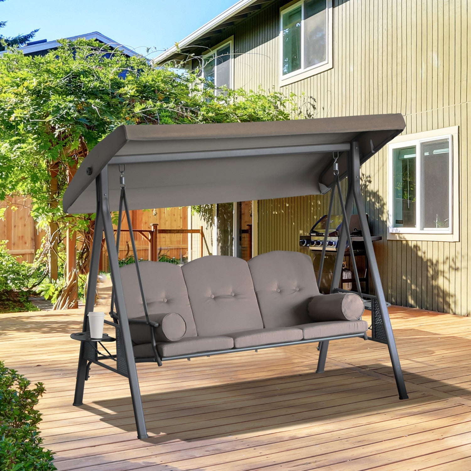Outsunny 3 Seater Porch Swing Heavy Duty Outdoor Swing Chair Outdoor Lounge Hammock Cushioned Seat W|Outsunny 3 Places Heavy Duty Swing Chair Outdoor Lounge Hamac Coussin Siege Avec Auvent Inclinable,m