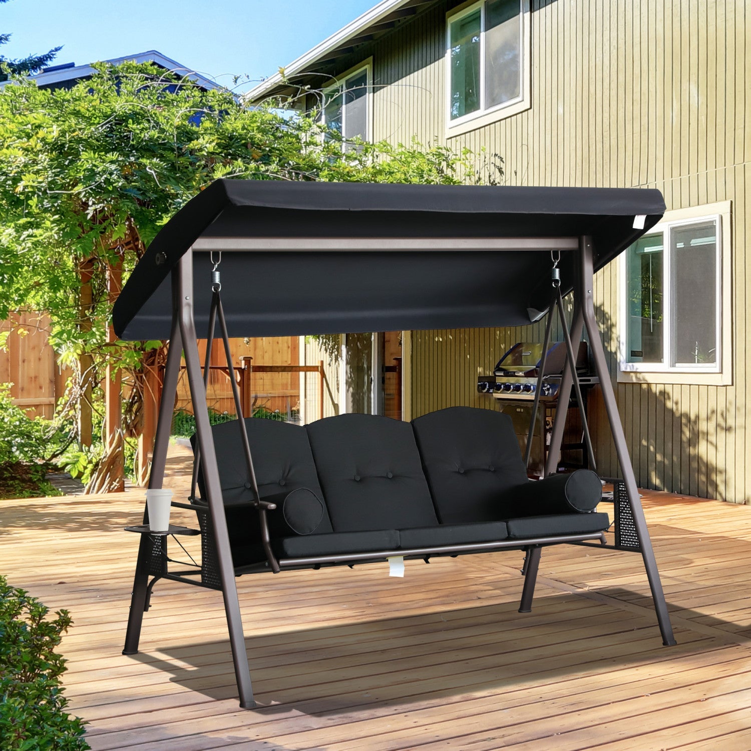 Outsunny 3 Seater Porch Swing Heavy Duty Outdoor Swing Chair Outdoor Lounge Hammock Cushioned Seat W|Outsunny Balancelle De Jardin 3 Personnes En Metal Avec Plateaux Lateraux Et Coussins Rembourres Noi