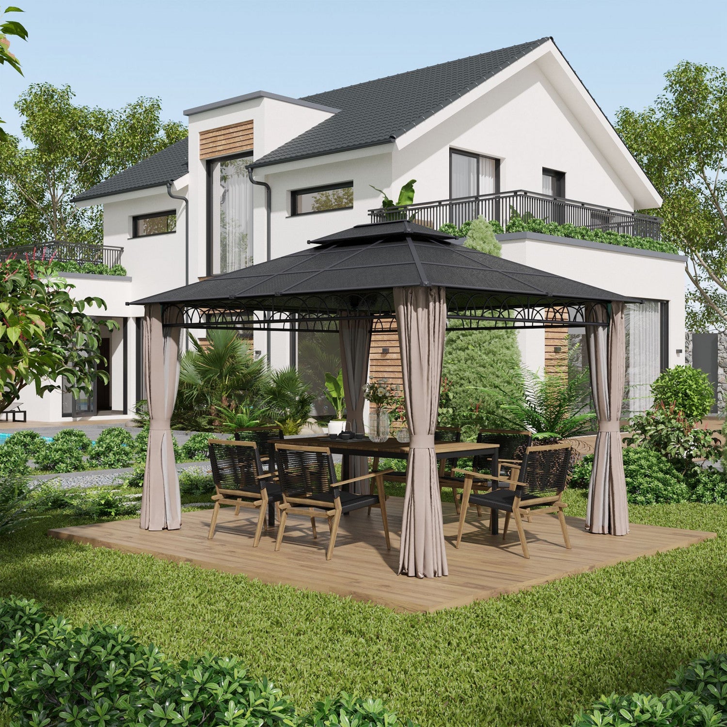 Outsunny 10' X 12' Outdoor Gazebo Canopy, Double roof Hardtop Gazebo With polycarbonate Roof, Steel |Outsunny Auvent De Tonnelle D'exterieur 12' X 10', Tonnelle A Double Toit Rigide En Polycarbonate, C