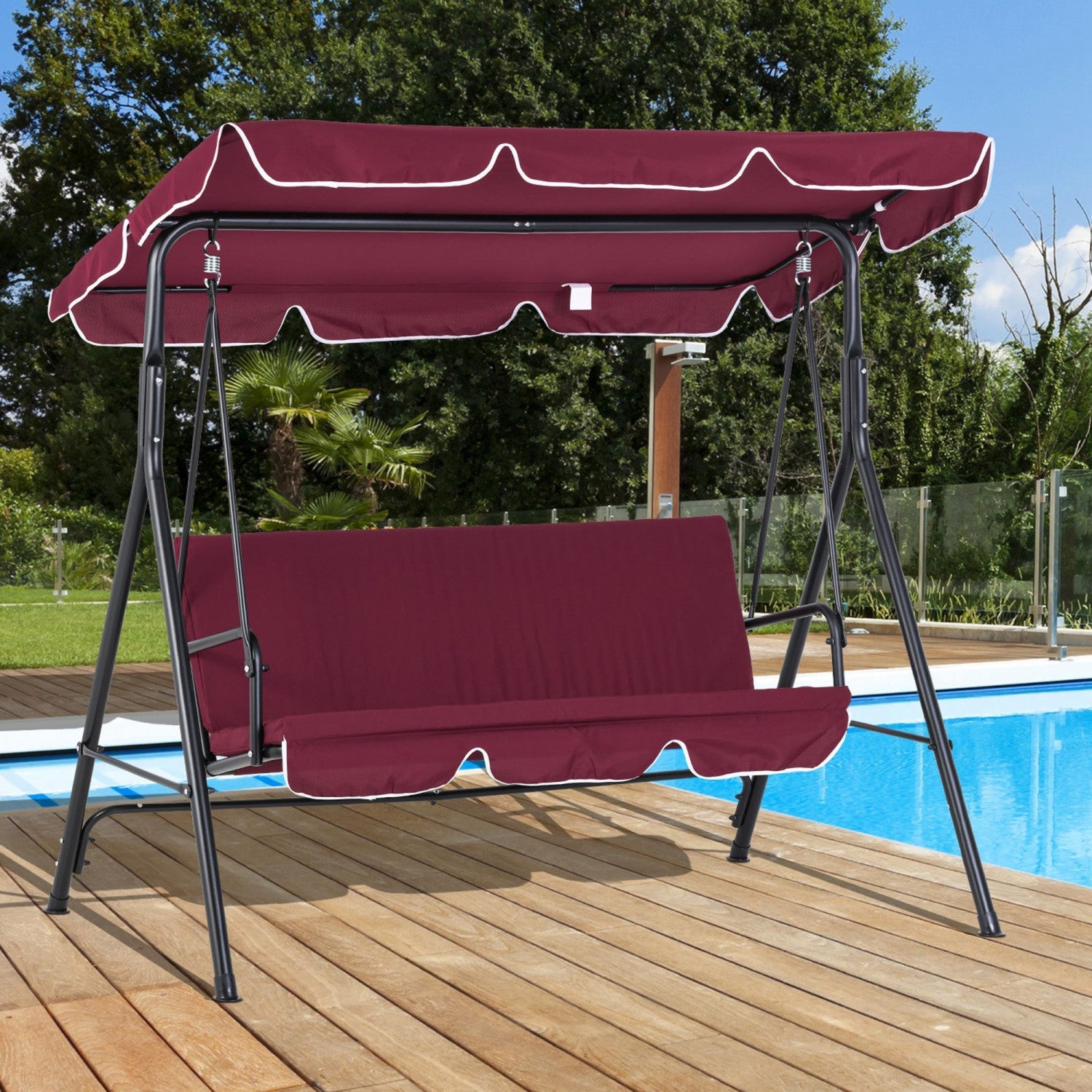 Outsunny 3-seat Patio Swing Chair, Outdoor Porch Swing Glider With Adjustable Canopy, Removable Cush|Outsunny Meatal Chaise Pivotante D'exterieur 3 Places Chaise Longue De Jardin Rembourree Hamac De Te