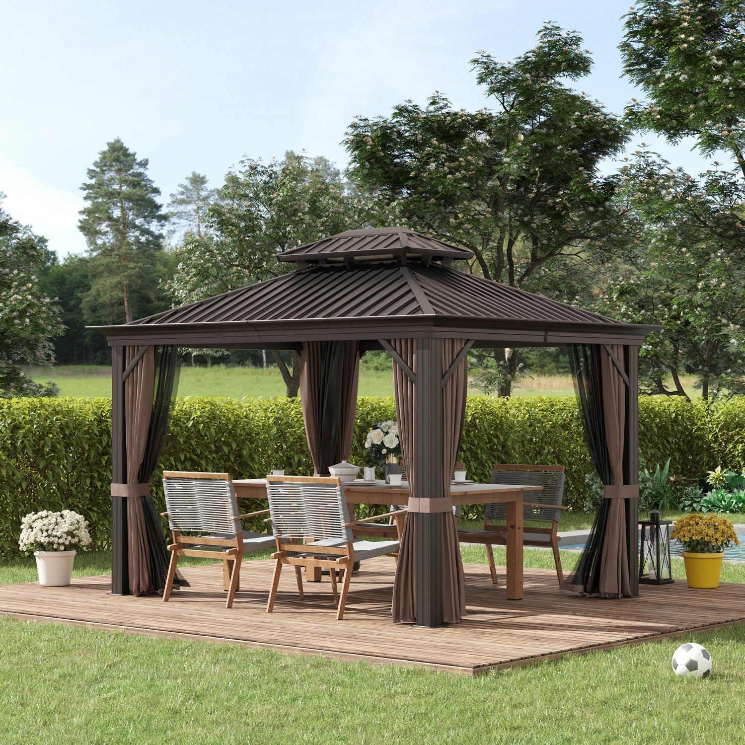 Outsunny 10' X 12' Outdoor Hardtop Gazebo With Galvanized Steel Canopy & Netting Sidewalls For Lawn,|Outsunny 12' X 10' Tonnelle D'exterieur A Toit Rigide Avec Auvent En Acier Galvanise Et Parois Later