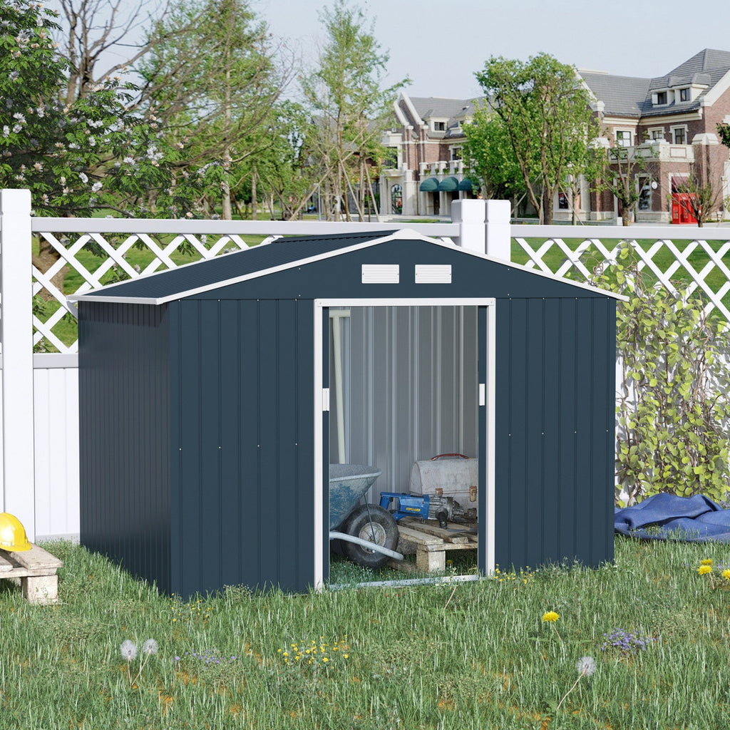 Outsunny 9' X 6' Garden Storage Shed With Floor Foundation, Metal Tool Storage House With Double Doo|Outsunny 9' X 6' Abri De Rangement En Metal Avec Double Portes Coulissantes, 4 Bouches D'aeration Po