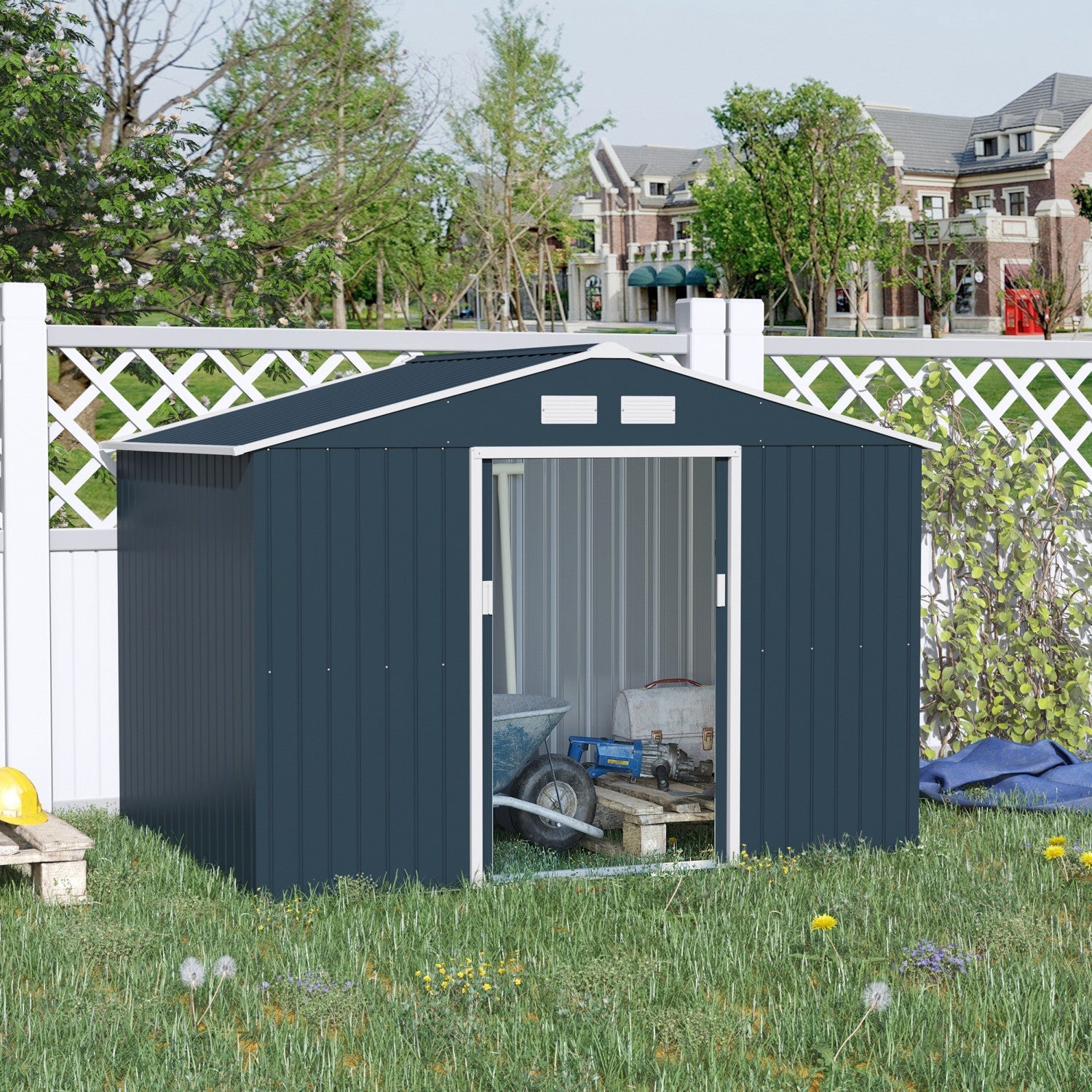 Outsunny 9' X 6' Garden Storage Shed With Floor Foundation, Metal Tool Storage House With Double Doo|Outsunny 9' X 6' Abri De Rangement En Metal Avec Double Portes Coulissantes, 4 Bouches D'aeration Po