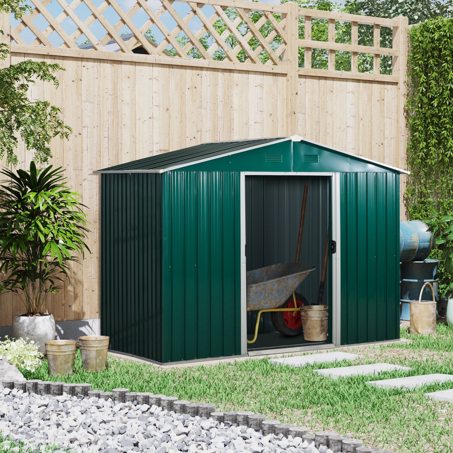 Outsunny 8' X 6' Outdoor Storage Shed, Metal Garden Tool Storage House With Lockable Sliding Doors A|Outsunny Hangar De Rangement 8'x6' Avec Portes Coulissantes, Vert