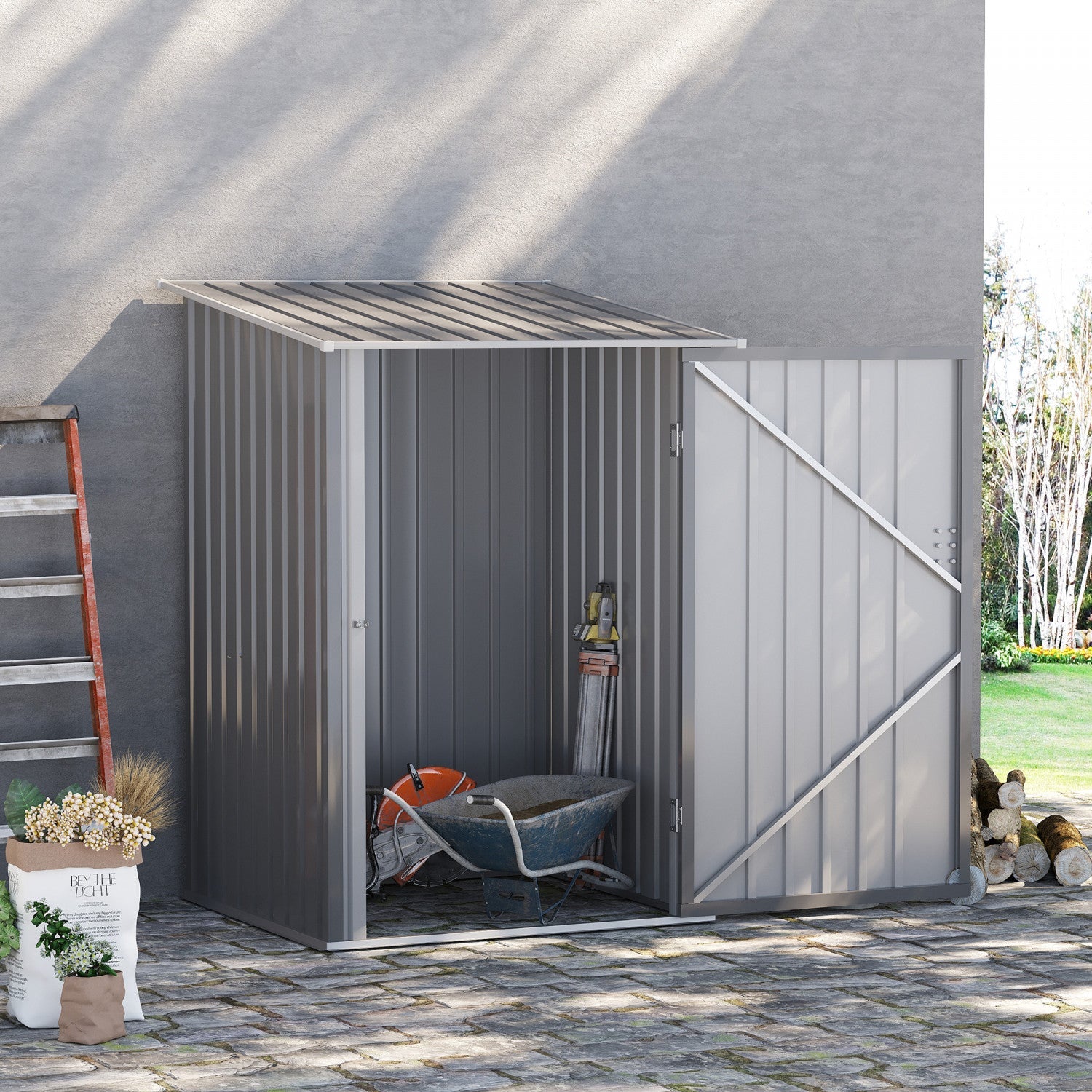 Outsunny 3.3' X 3.4' Lean-to Garden Storage Shed, Outdoor Galvanized Steel Tool House With Lockable |Outsunny 3.3' X 3.4' Abri De Jardin Avec Porte Verrouillable Gris