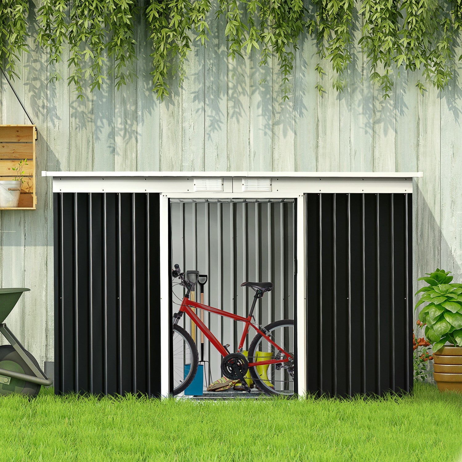 Outsunny 9' X 4' Metal Storage Shed, Garden Tool House With Floor Foundation, Double Sliding Doors, |Outsunny Abri De Jardin En Metal 9' X 4' Avec Porte Coulissante