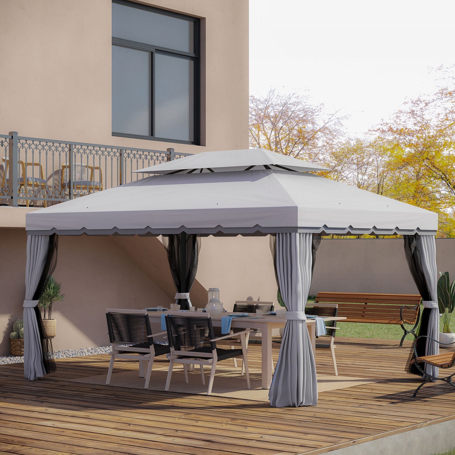 Outsunny 13' X 10' Patio Gazebo, Double roof Outdoor Gazebo Canopy Shelter With Netting & Curtains, |Outsunny Tonnelle Barnum Pavillon De Jardin Style Colonial Double Toit Toile Moustiquaires Et Toiles