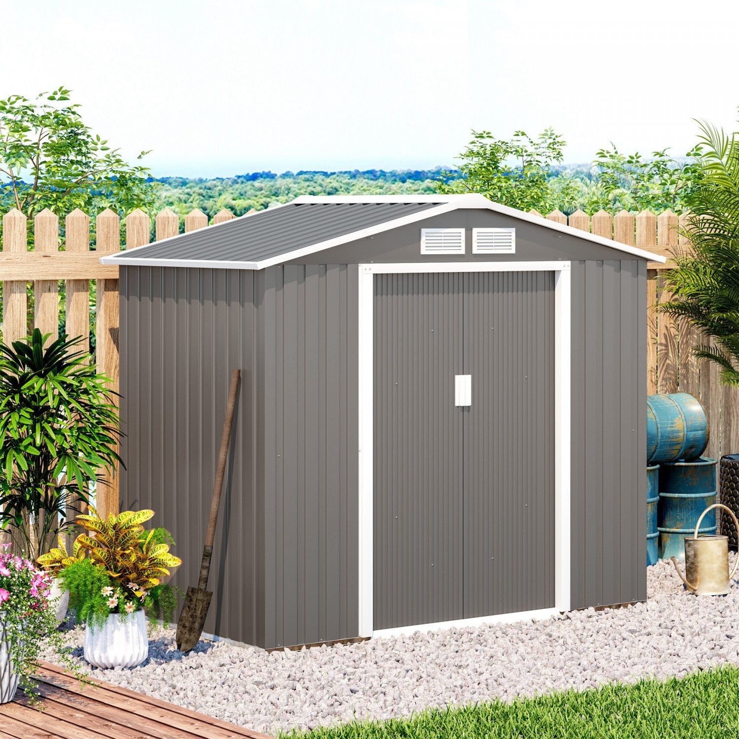 Outsunny 7' X 4' X 6' Garden Storage Shed Outdoor Patio Yard Metal Tool Storage House W/ Steel Floor|Outsunny Abri De Jardin 7' X 4' X 6' Abri De Jardin Exterieur Patio Maison De Stockage D'outils En M