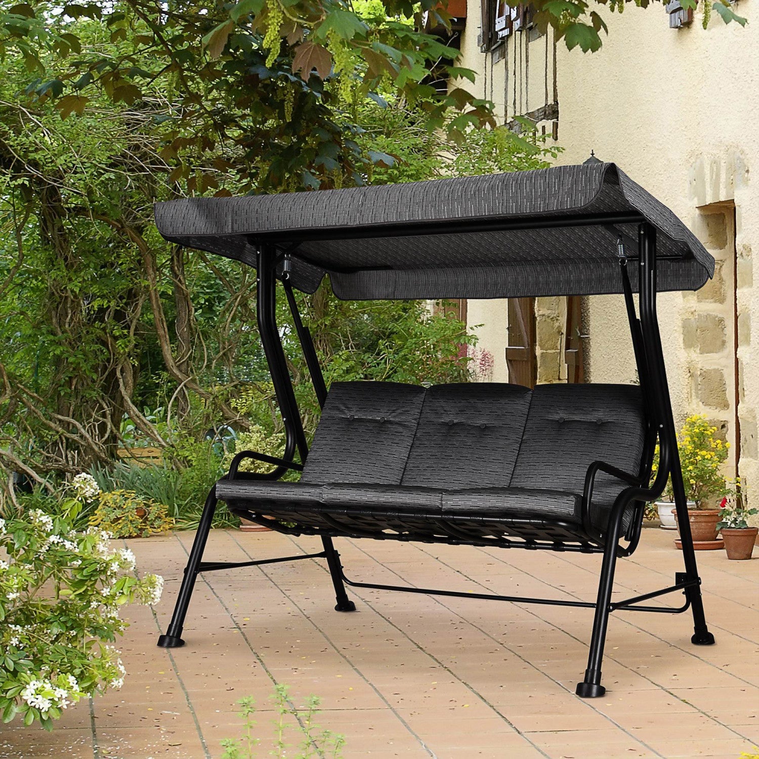 Outsunny Outdoor 3-person Metal Porch Swing Chair With Canopy Grey|Outsunny Chaise Pivotante Exterieure Pour Porche En Metal Pour 3 Personnes Avec Auvent Pour Patio Et