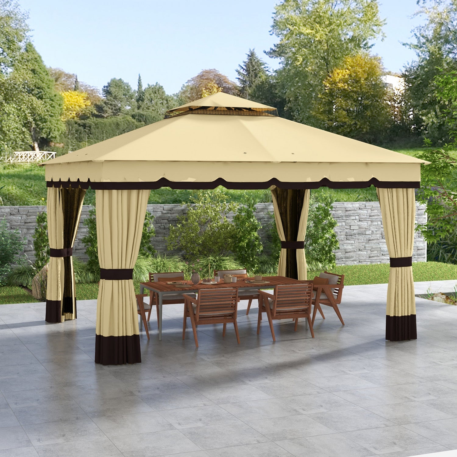 Outsunny 10' X 12' Double Roof Outdoor Gazebo With Netting & Curtains|Outsunny Gazebo Exterieur A Double Toit 10' X 12' Avec Filet Et Rideaux