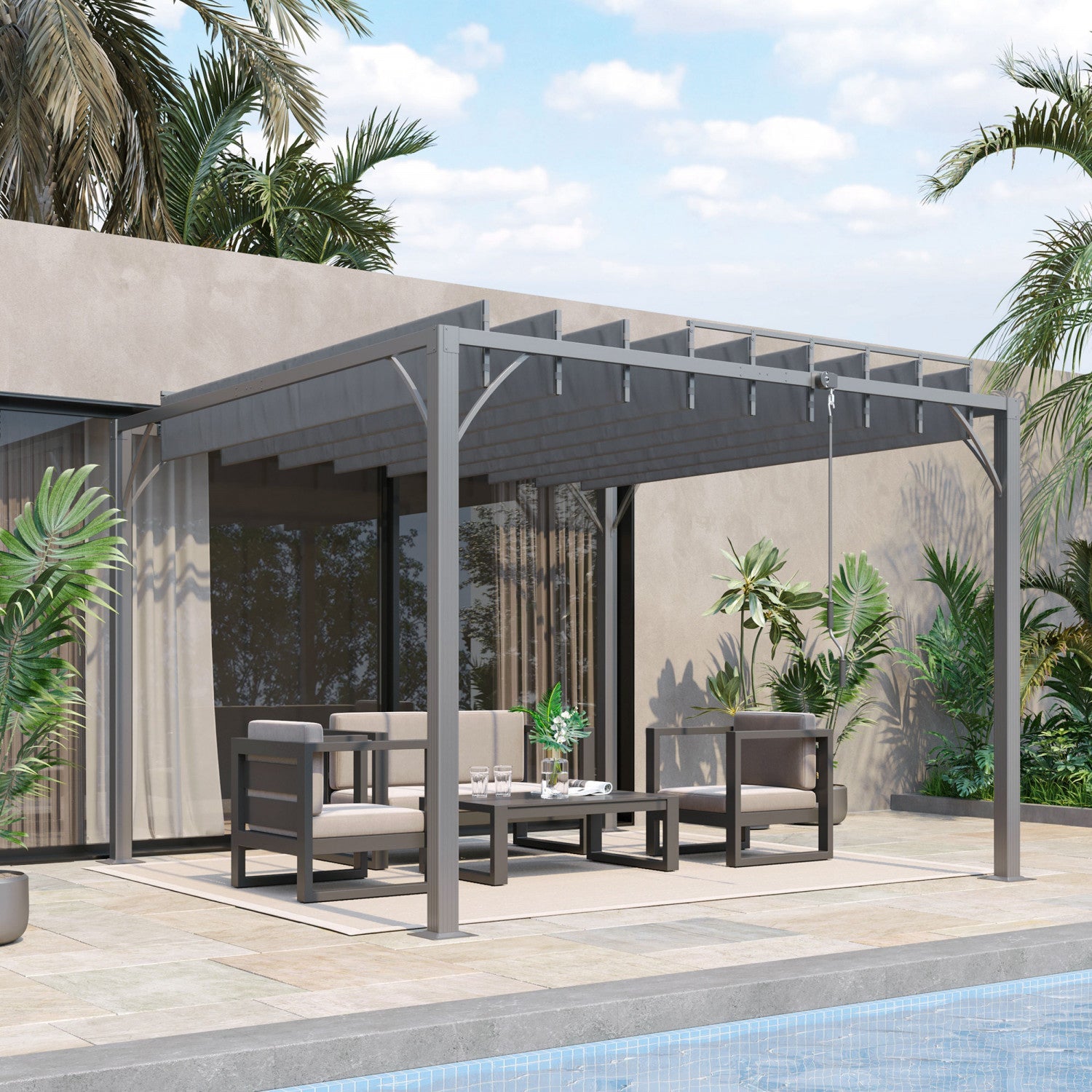 Outsunny 9.5' X 9.7' Outdoor Pergola With Retractable Roof, Aluminium Louvered Pergola Canopy, Patio|Outsunny Pergola Exterieure 9.5' X 9.7' Avec Toit Retractable, Auvent De Pergola A Persiennes En Alu