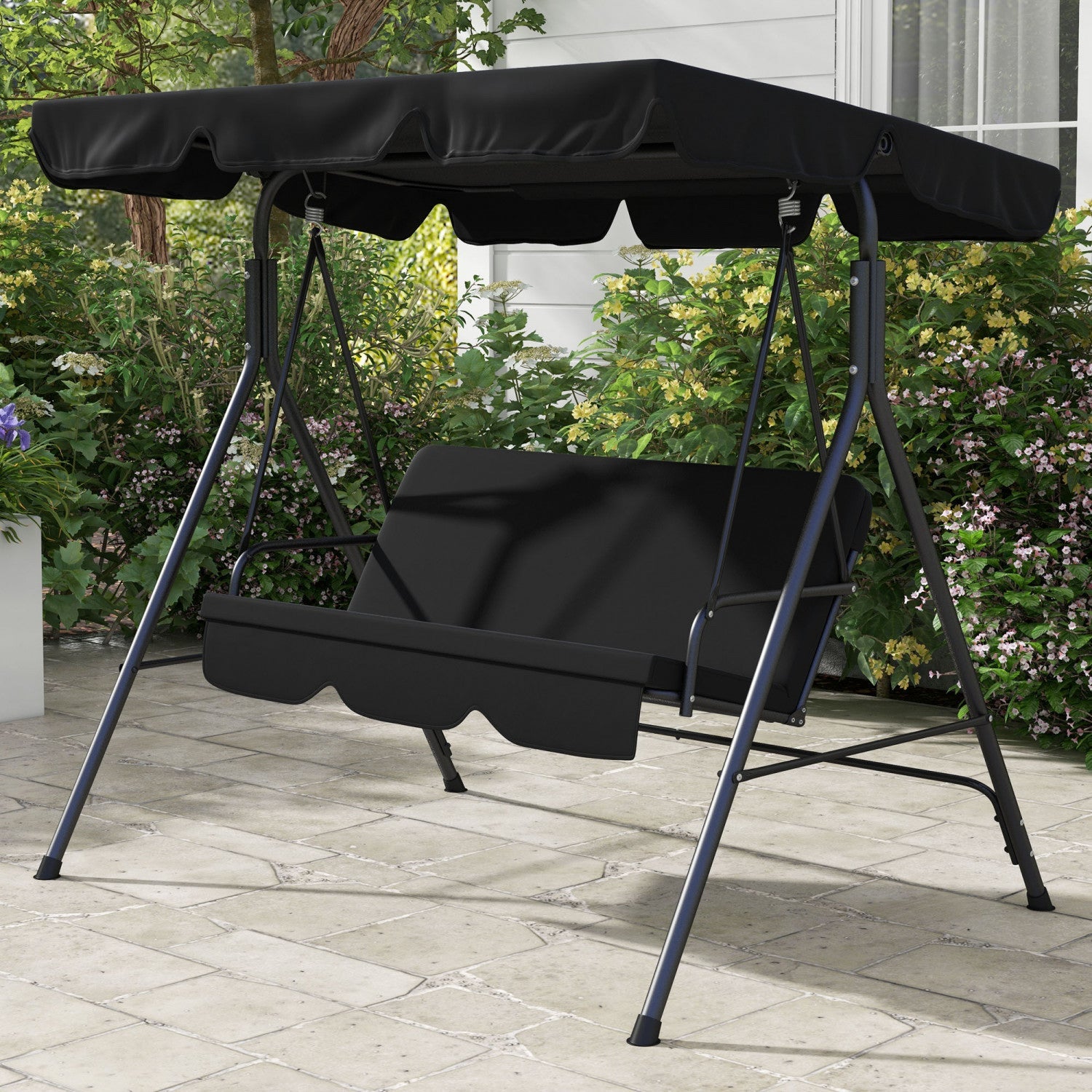 Outsunny 3-seat Patio Swing Chair With Adjustable Canopy Black|Outsunny Balancoire De Patio 3 Places Avec Auvent Reglable, Noir