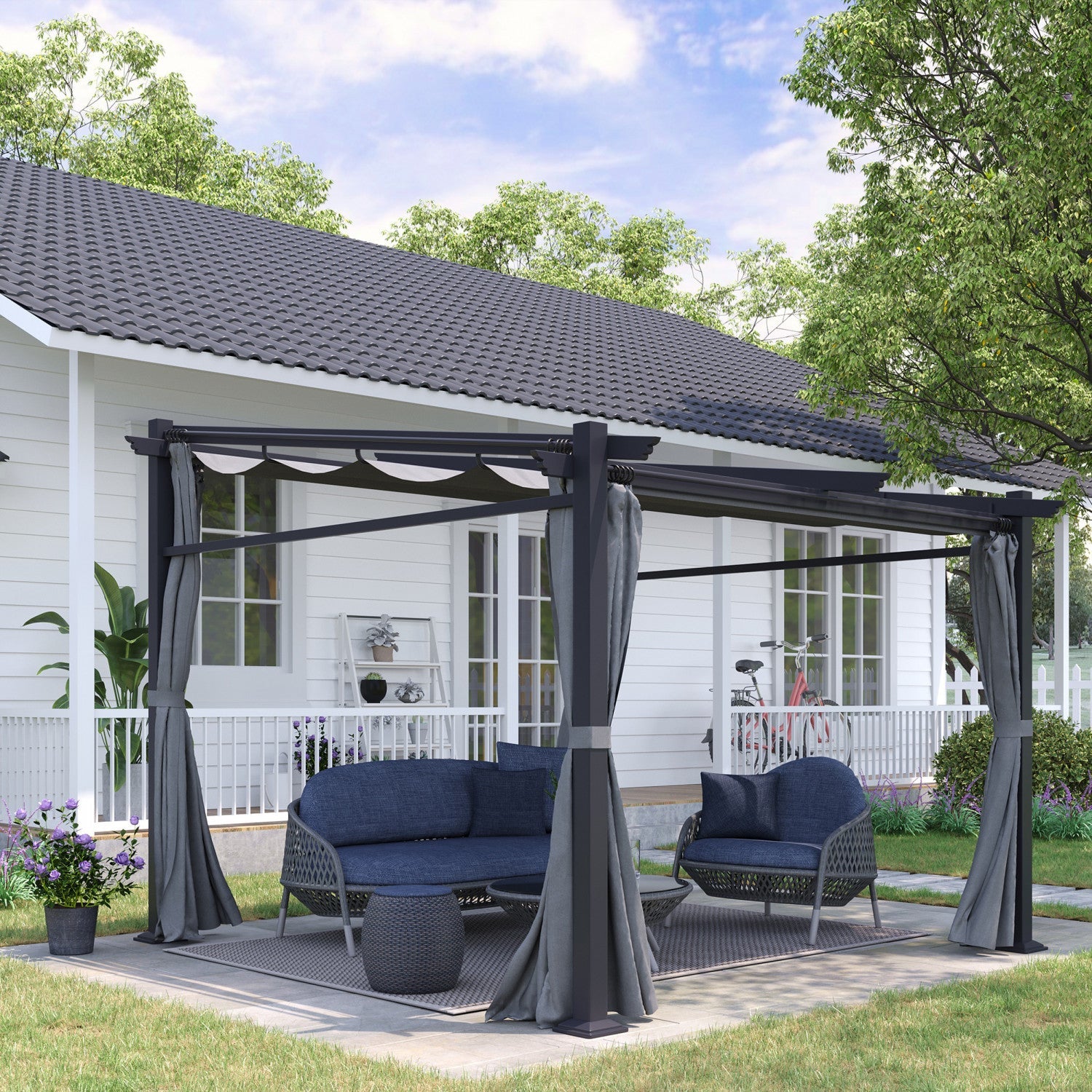 Outsunny 10' X 10' Metal Pergola With Sliding Roof Canopy, Retractable Pergola Canopy For Outdoor, P|Outsunny Pergola Metallique De 9.7' X 9.7' Avec Toit Coulissant, Auvent De Pergola Retractable Pour