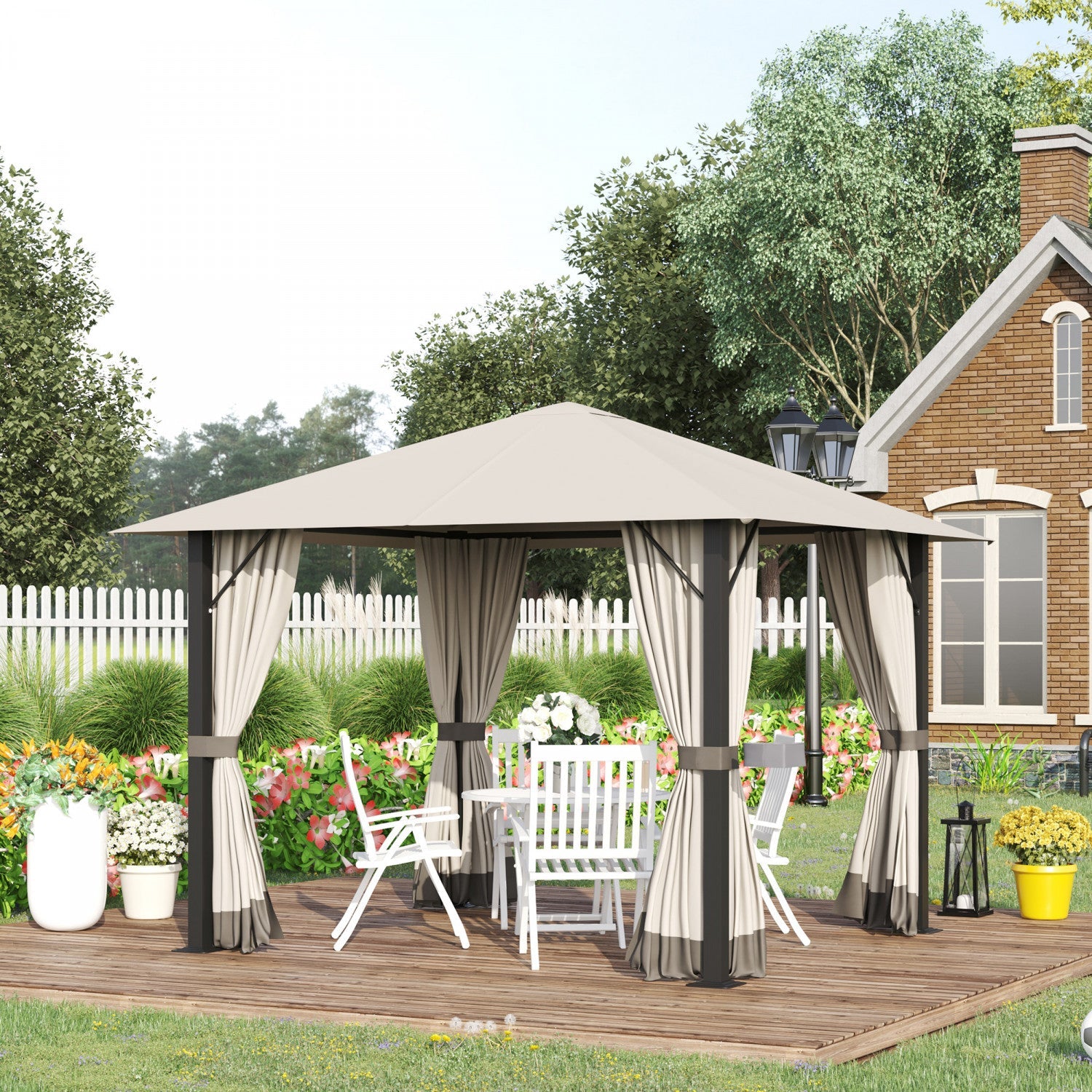 Outsunny 10' X 10' Patio Gazebo Outdoor Aluminum Frame Canopy Shelter With Curtains, Vented Roof For|Outsunny 10' X 10' Tonnelle Pavillon Jardin Patio Terrasse Gazebo Exterieur Avec Parois Laterales Ch