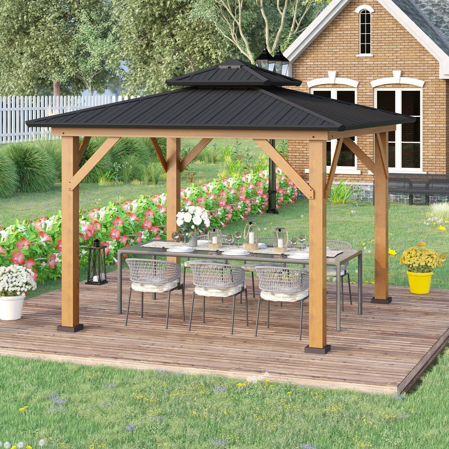 Outsunny 12' X 12' Wood Frame Hardtop Gazebo Galvanized Steel Canopy Outdoor Shelter With Double Ven|Outsunny 12' X 12' Tonnelle De Jardin A Toit Rigide Auvent Exterieur En Metal Galvanise Avec Double