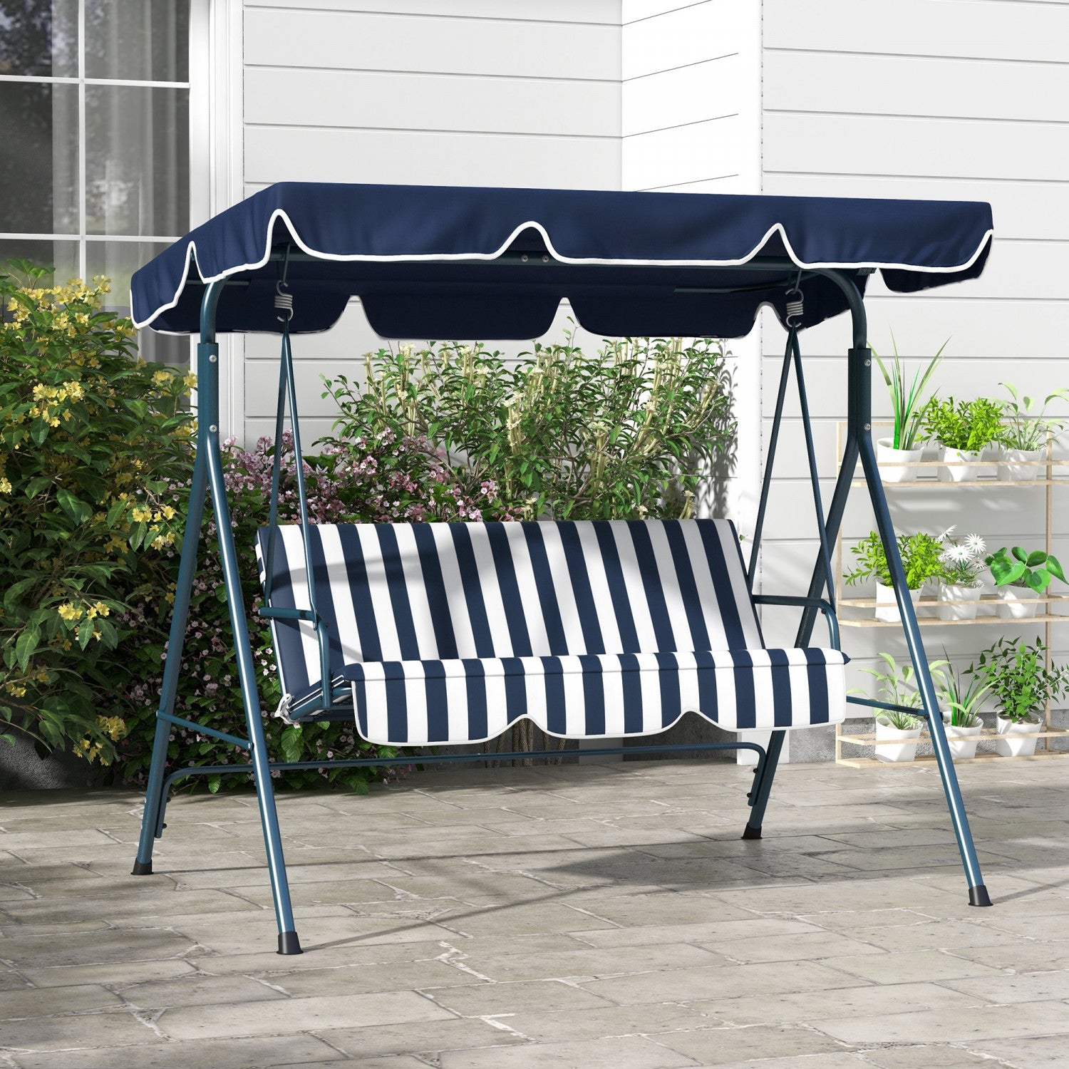Outsunny 3-seat Patio Swing Chair With Adjustable Canopy Blue And White|Outsunny Balancoire De Patio A 3 Places Avec Auvent Reglable, Bleu Et Blanc