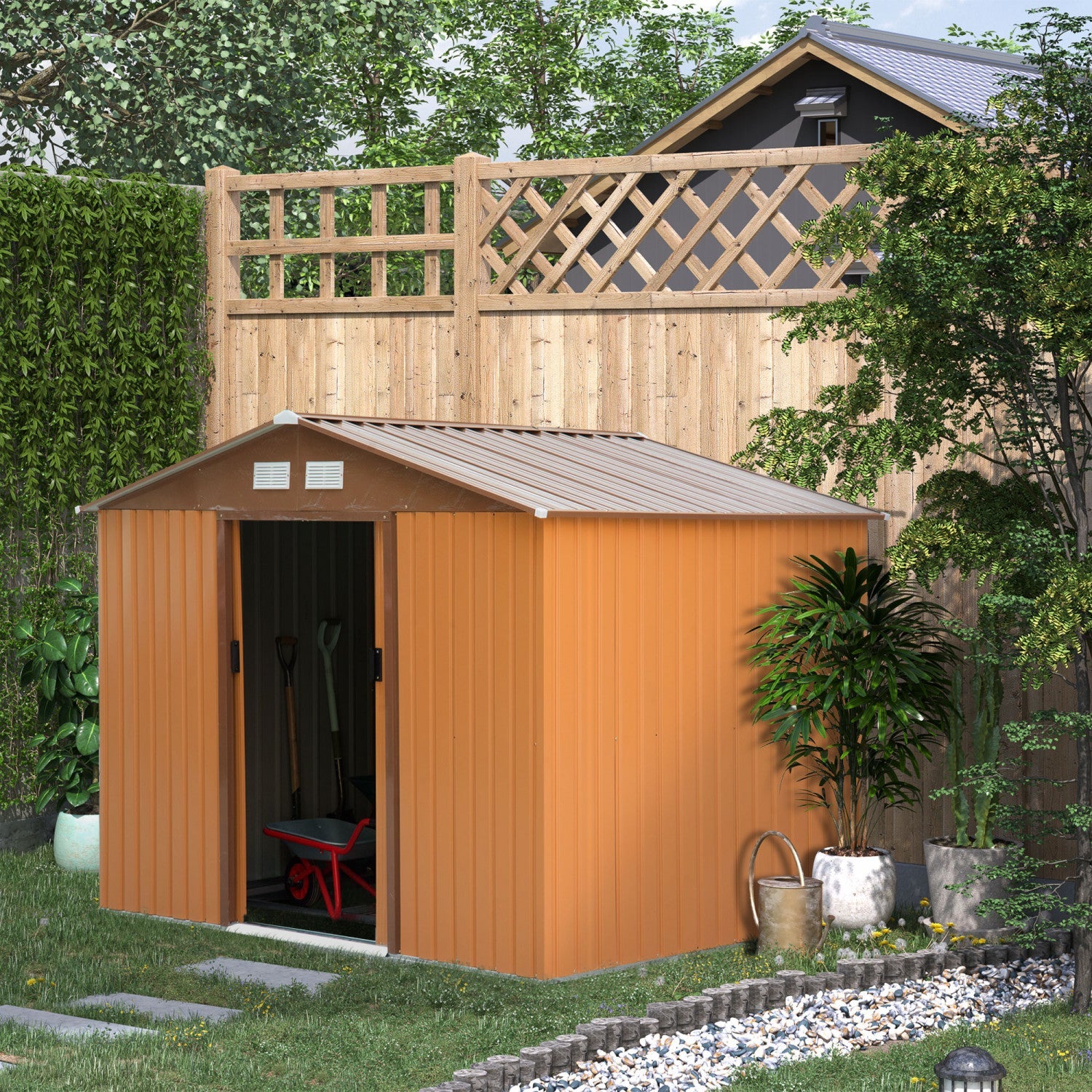 Outsunny 9' X 6' Garden Storage Shed With Floor Foundation, Metal Tool Storage House With Double Doo|Outsunny 9.1' X 6.4' X 6.3' Abri De Jardin Avec Fondation Au Sol Patio Exterieur Cour Metal Maison D