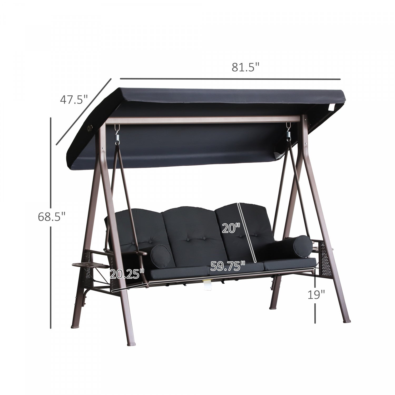 Outsunny 3 Seater Porch Swing Heavy Duty Outdoor Swing Chair Outdoor Lounge Hammock Cushioned Seat W|Outsunny Balancelle De Jardin 3 Personnes En Metal Avec Plateaux Lateraux Et Coussins Rembourres Noi